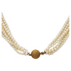 Vintage 5 strand pearl 18k yellow gold necklace