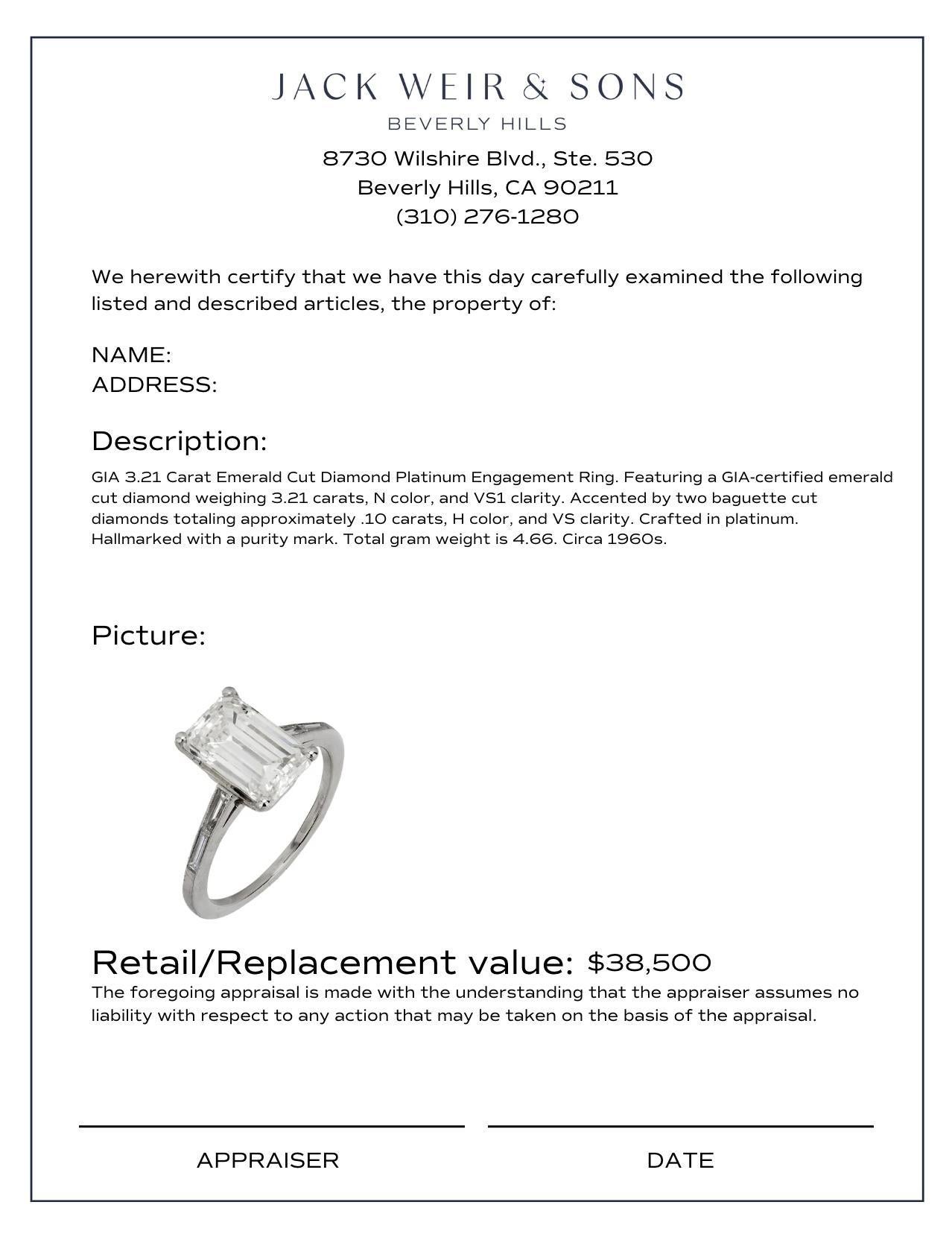 Women's GIA 3.21 carat emerald cut diamond platinum engagement ring For Sale