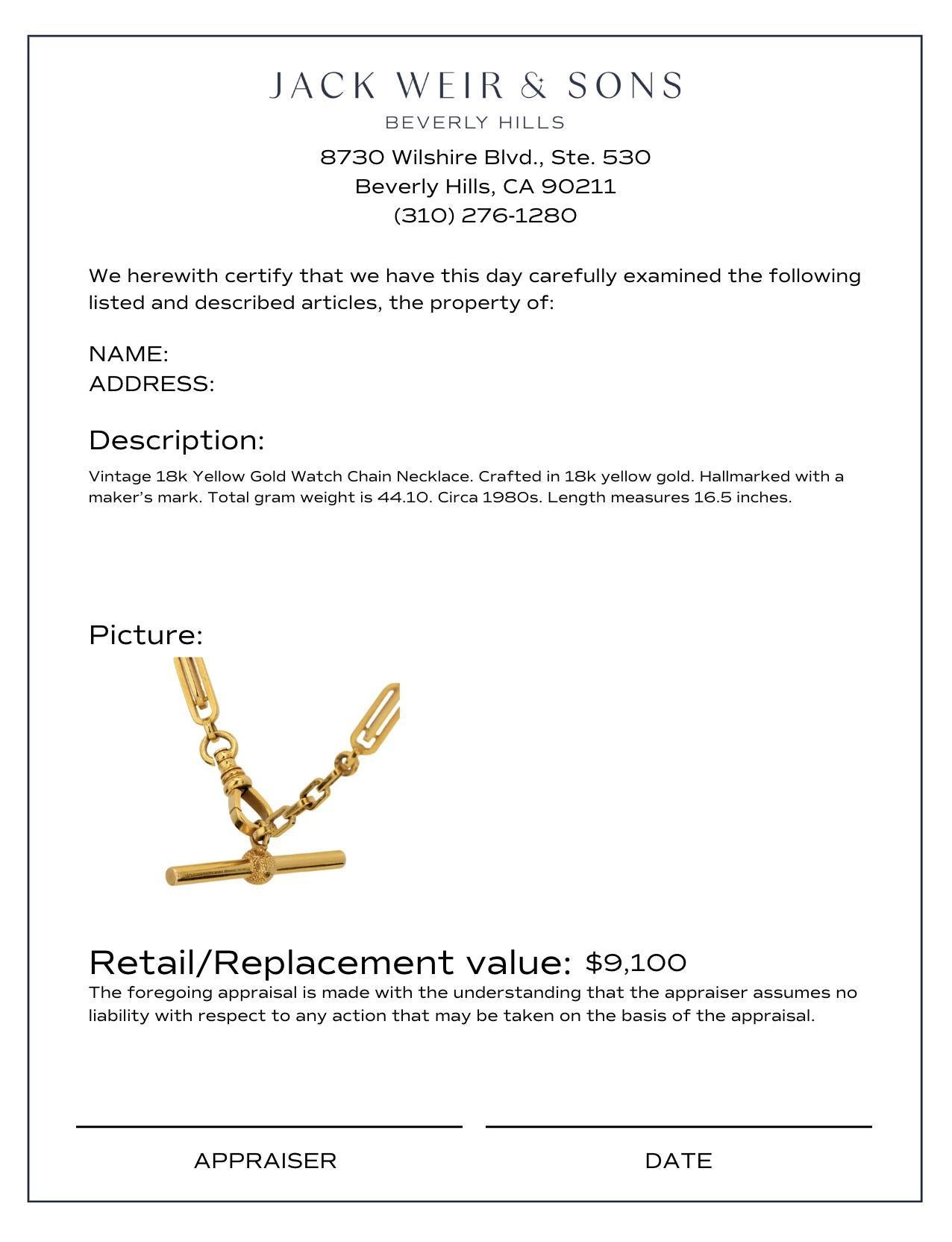 Vintage 18k yellow gold watch chain necklace In Good Condition For Sale In Beverly Hills, CA
