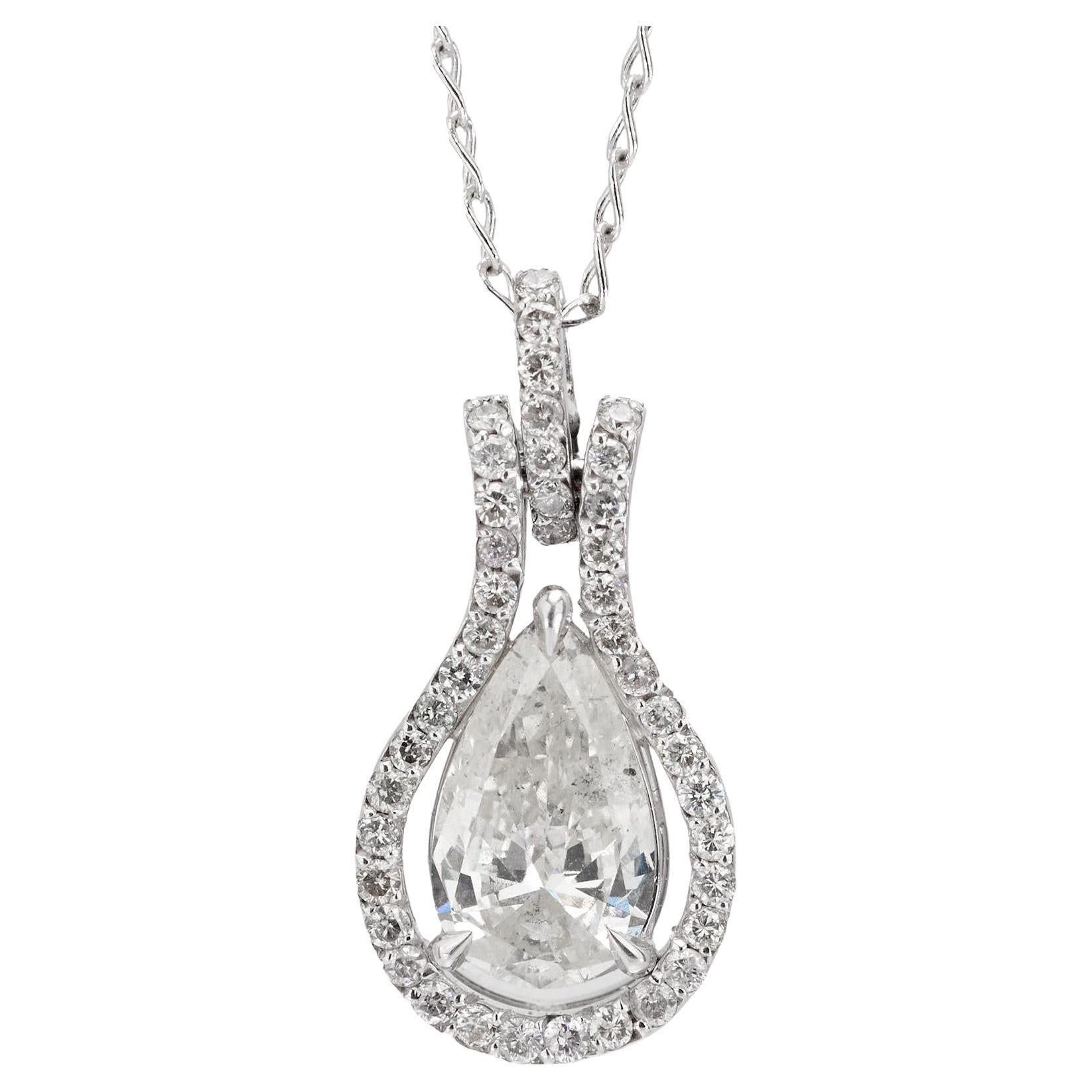 Vintage 1.01 carat pear shape diamond drop 18k white gold necklace
