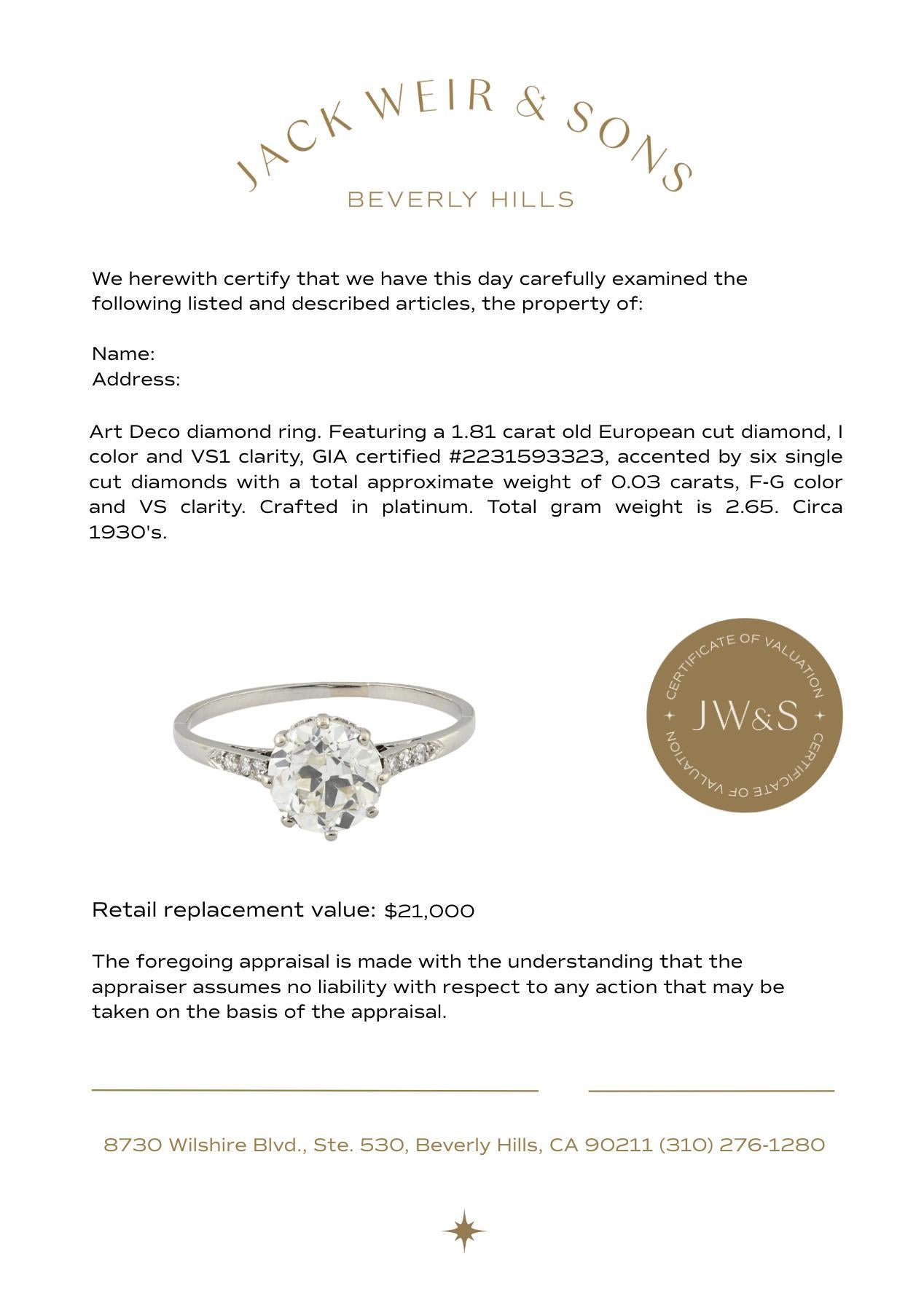 Bague de fiançailles Art déco en platine avec diamant de 1.81 carat certifié GIA en vente 2