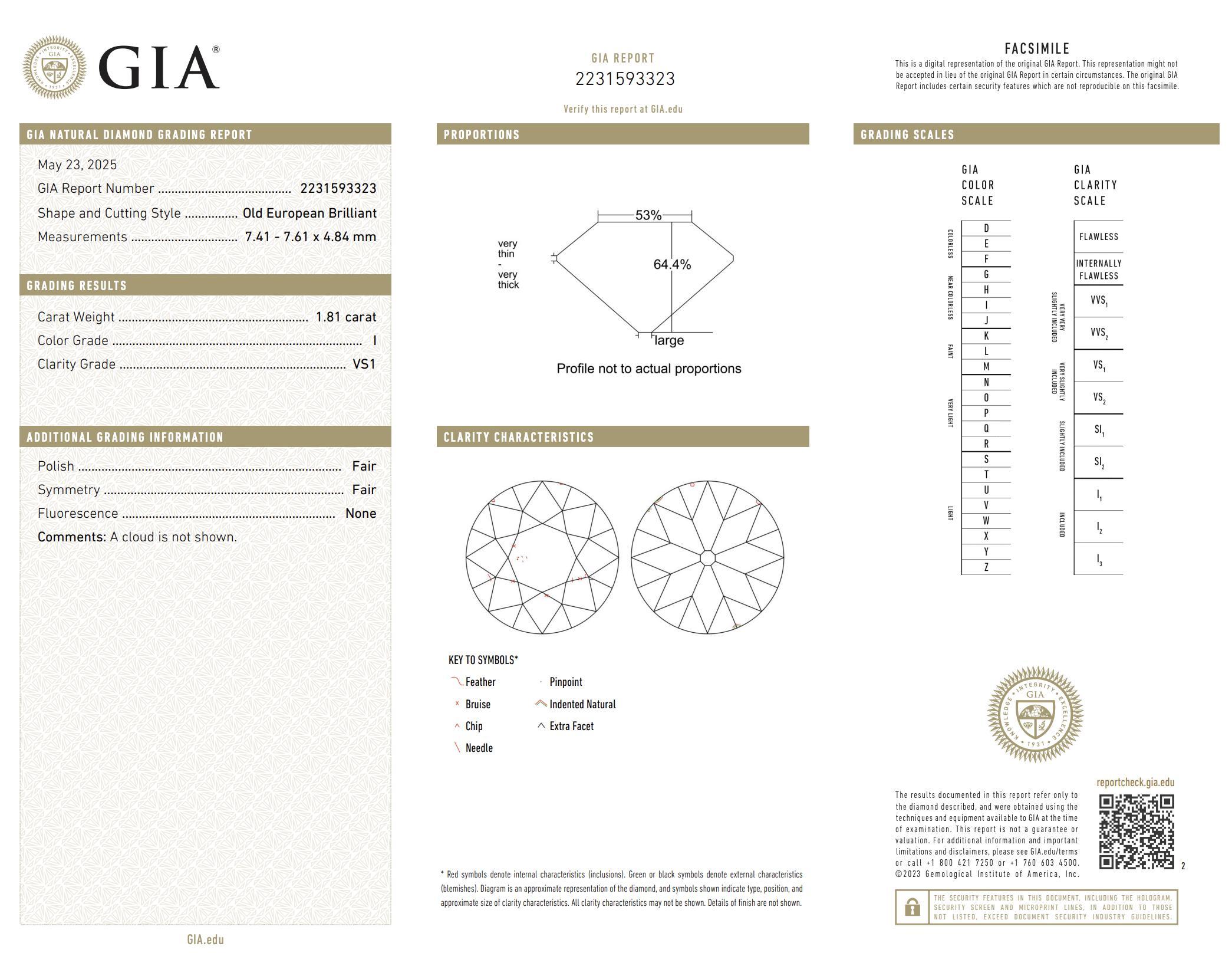 Bague de fiançailles Art déco en platine avec diamant de 1.81 carat certifié GIA en vente 3