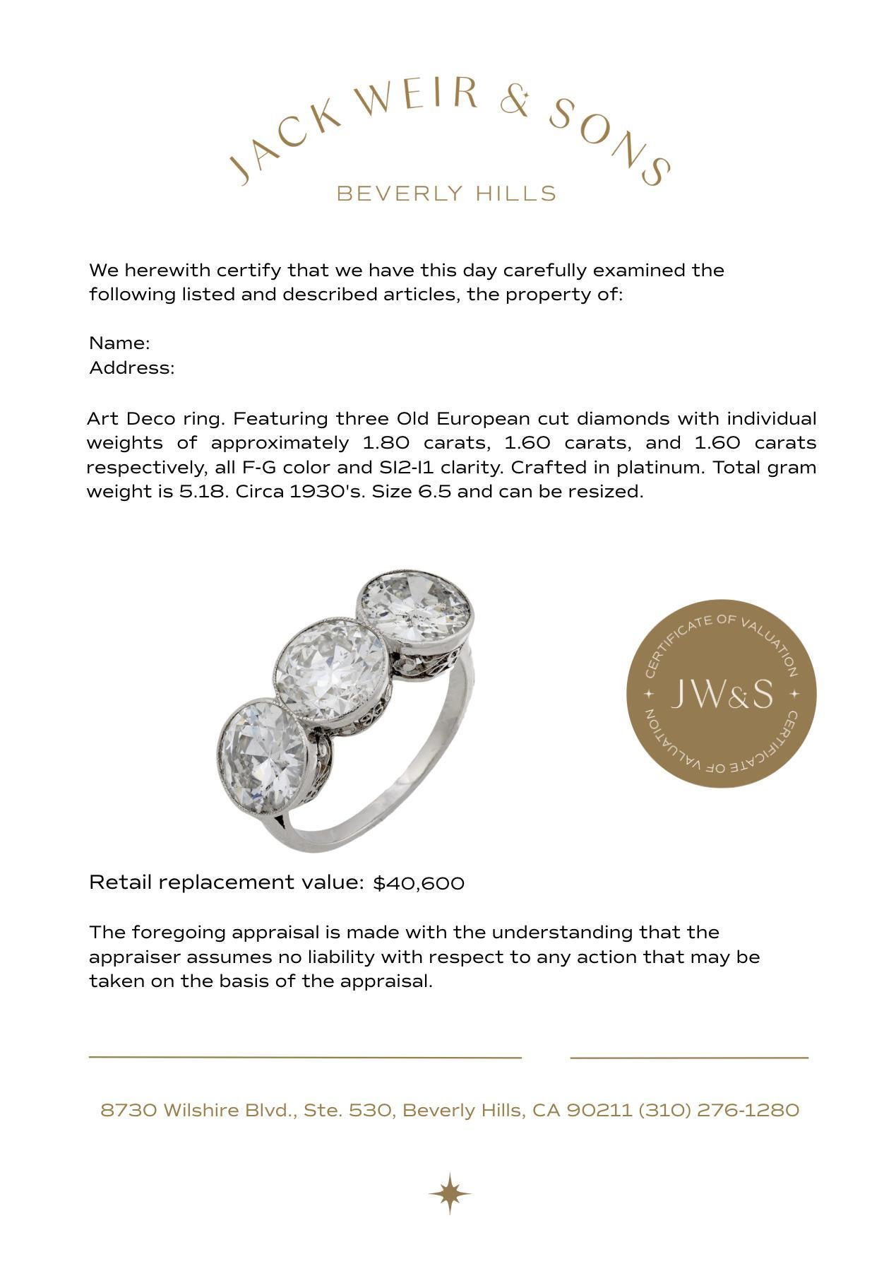 Donna Anello a tre pietre in platino con diamante da 5,00 carati in stile Art Deco in vendita