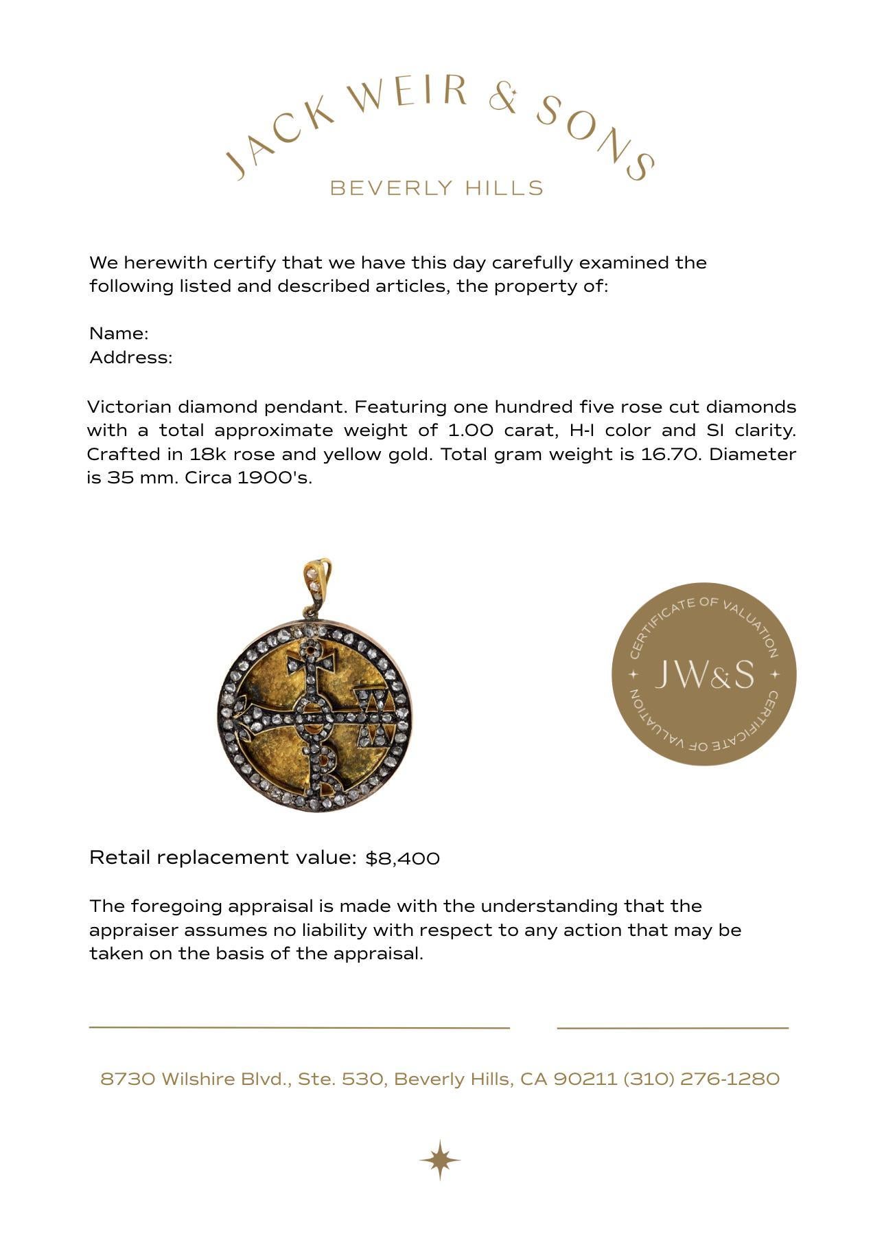 Pendentif victorien en or rose et jaune 18k avec diamant taillé en rose Pour femmes en vente
