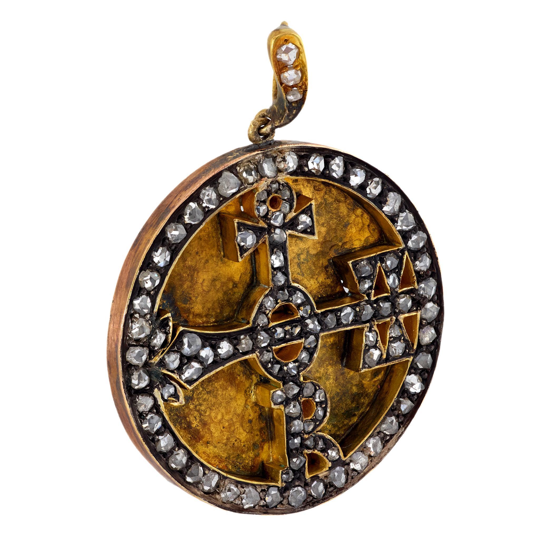 Pendentif victorien en or rose et jaune 18k avec diamant taillé en rose Bon état - En vente à Beverly Hills, CA