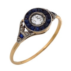 Bague cible Art déco diamant saphir en or jaune 18k et platine