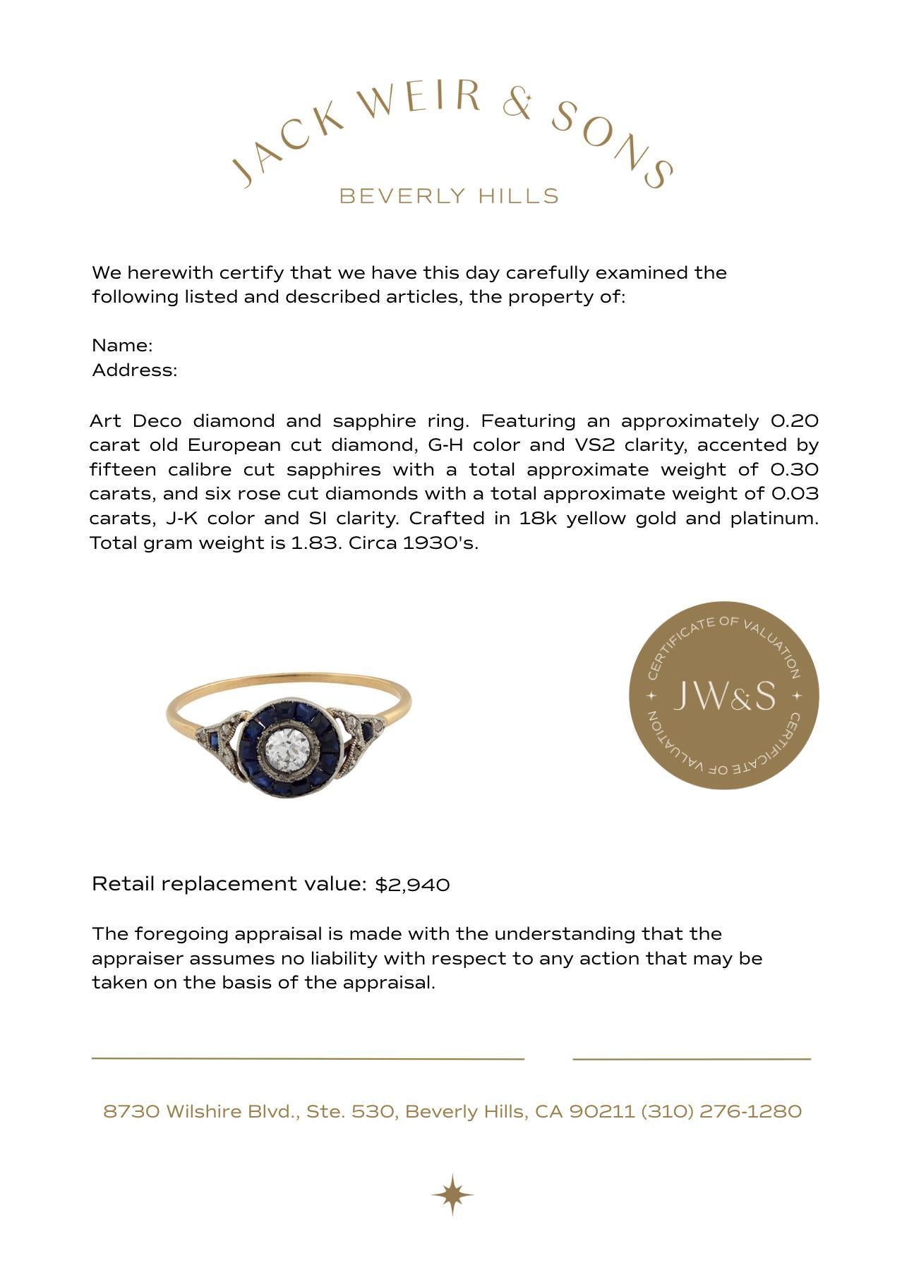 Bague cible Art déco diamant saphir en or jaune 18k et platine Bon état - En vente à Beverly Hills, CA