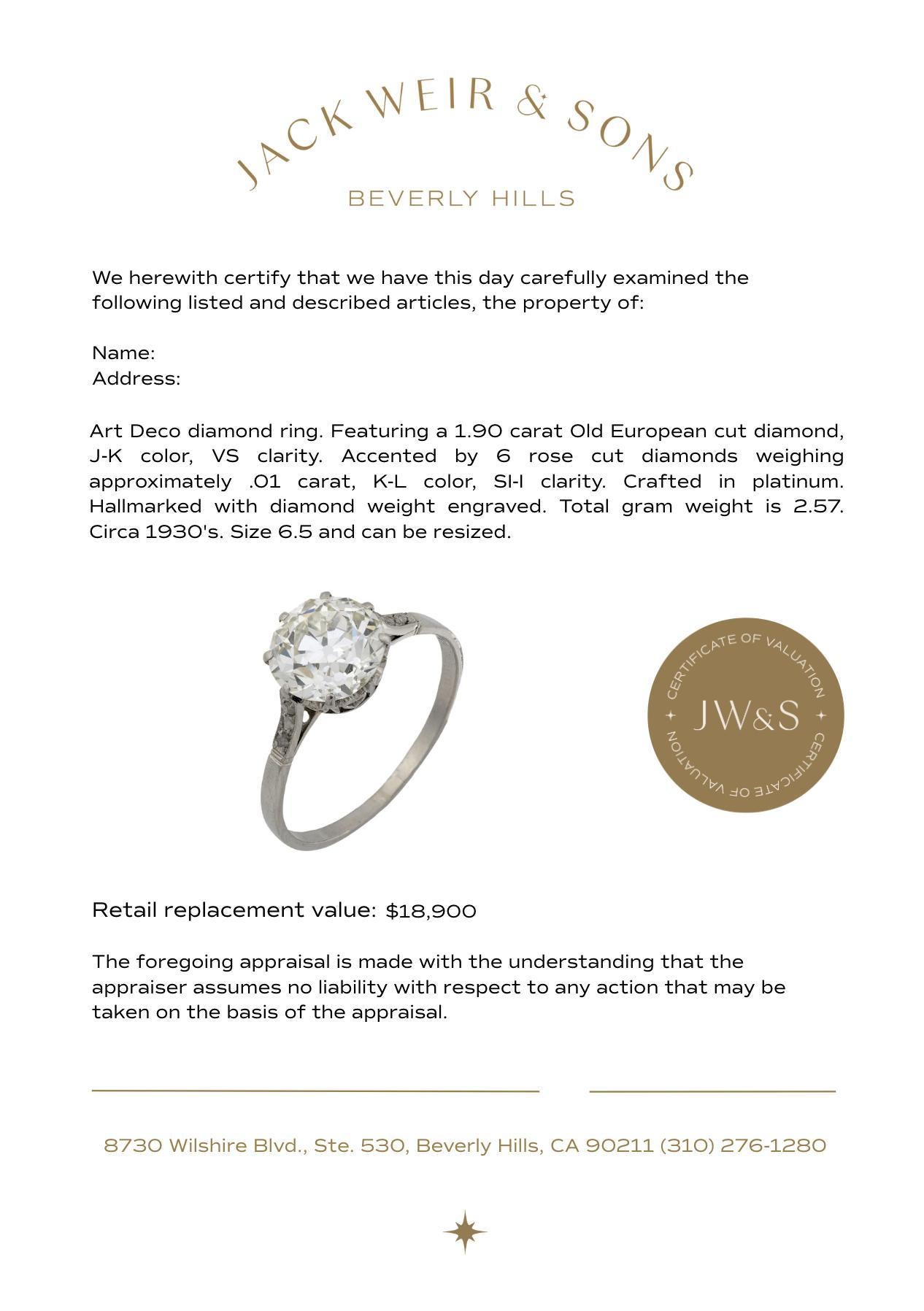 Bague de fiançailles Art déco en platine avec un diamant de 1,90 carat en vente 1
