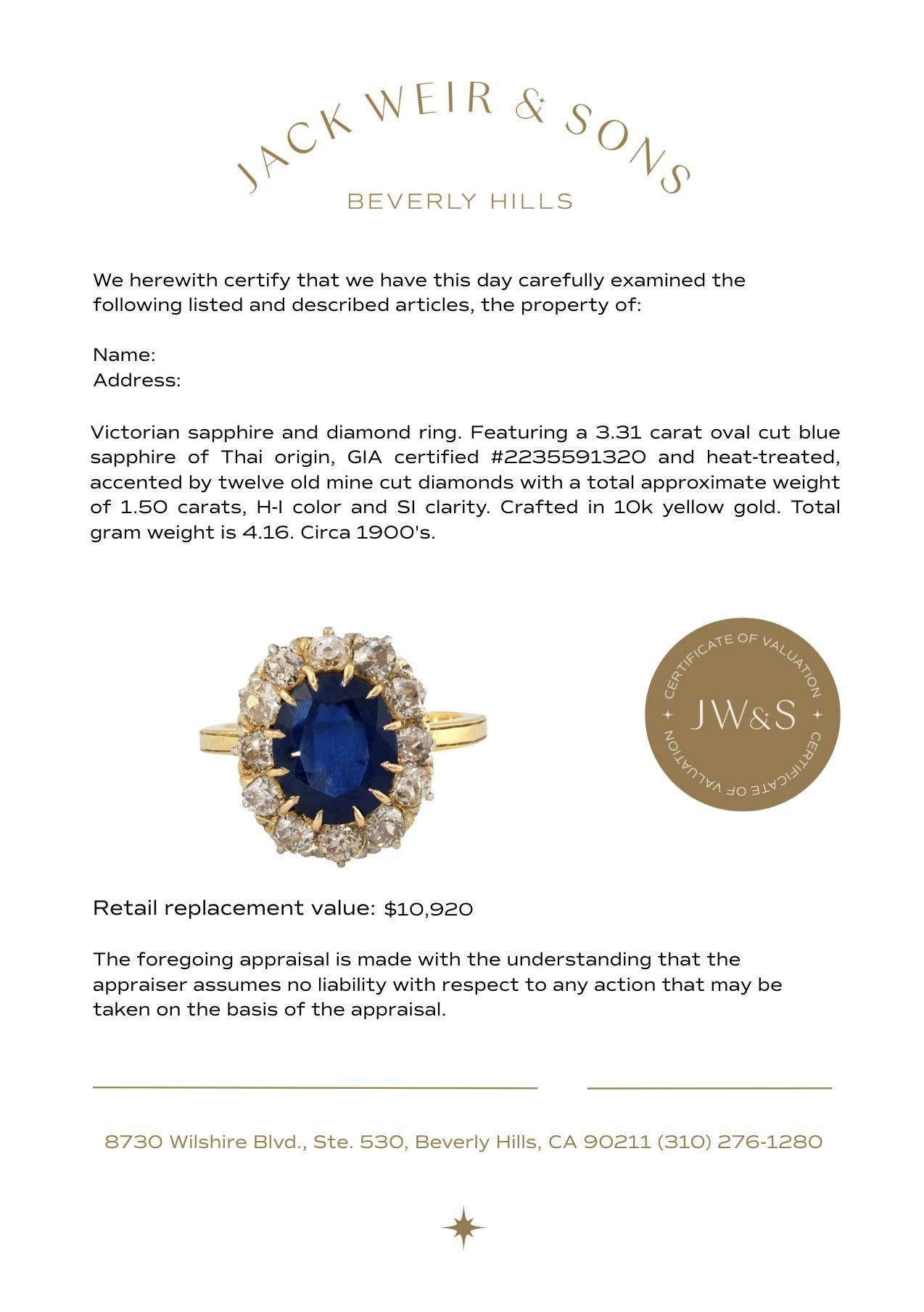 Viktorianischer GIA 3,31 Karat Saphir-Diamant 10k Gelbgold-Cluster-Ring im Angebot 2