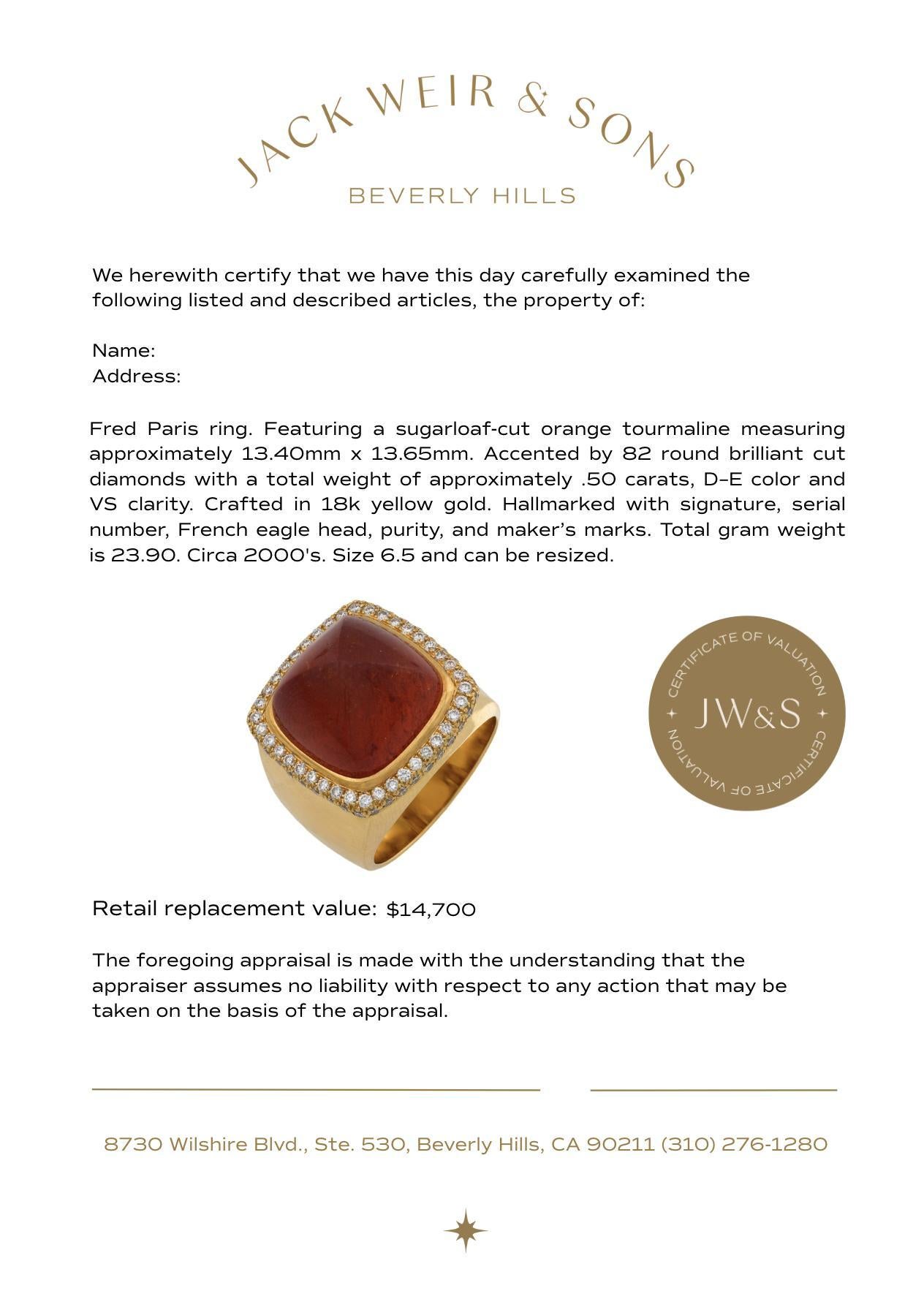 Fred Paris bague Pain De Sucre en or jaune 18 carats diamant tourmaline orange Pour femmes en vente