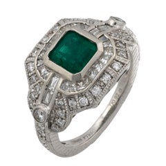 Art Deco Stil GIA 1,15 Karat Smaragd Diamant Platin Ring