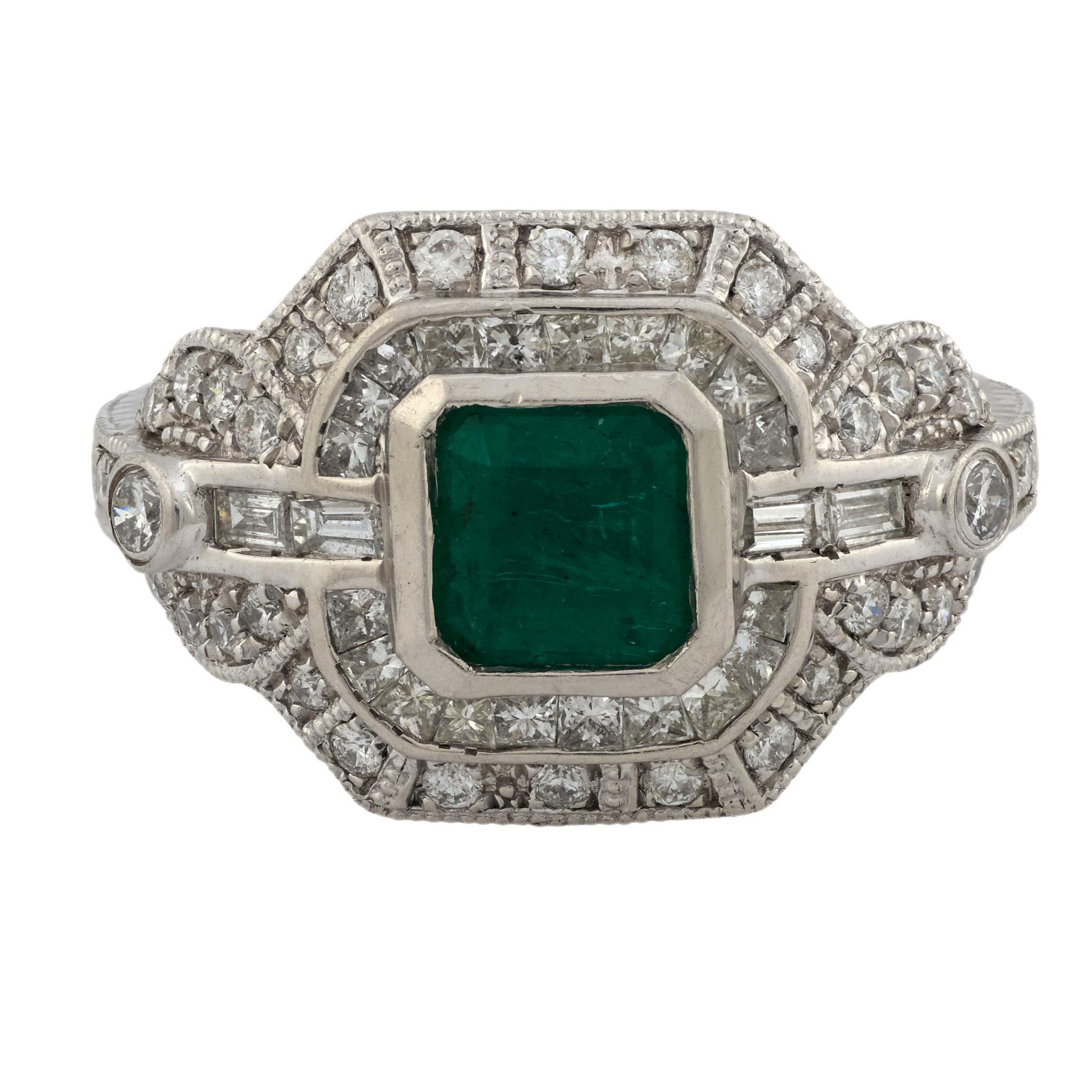 Art Deco Stil GIA 1,15 Karat Smaragd Diamant Platin Ring (Art déco) im Angebot