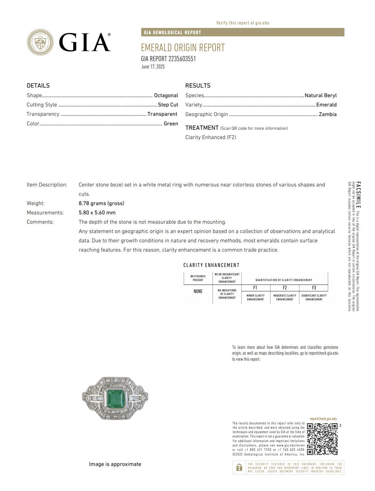 Art Deco Stil GIA 1,15 Karat Smaragd Diamant Platin Ring Damen im Angebot