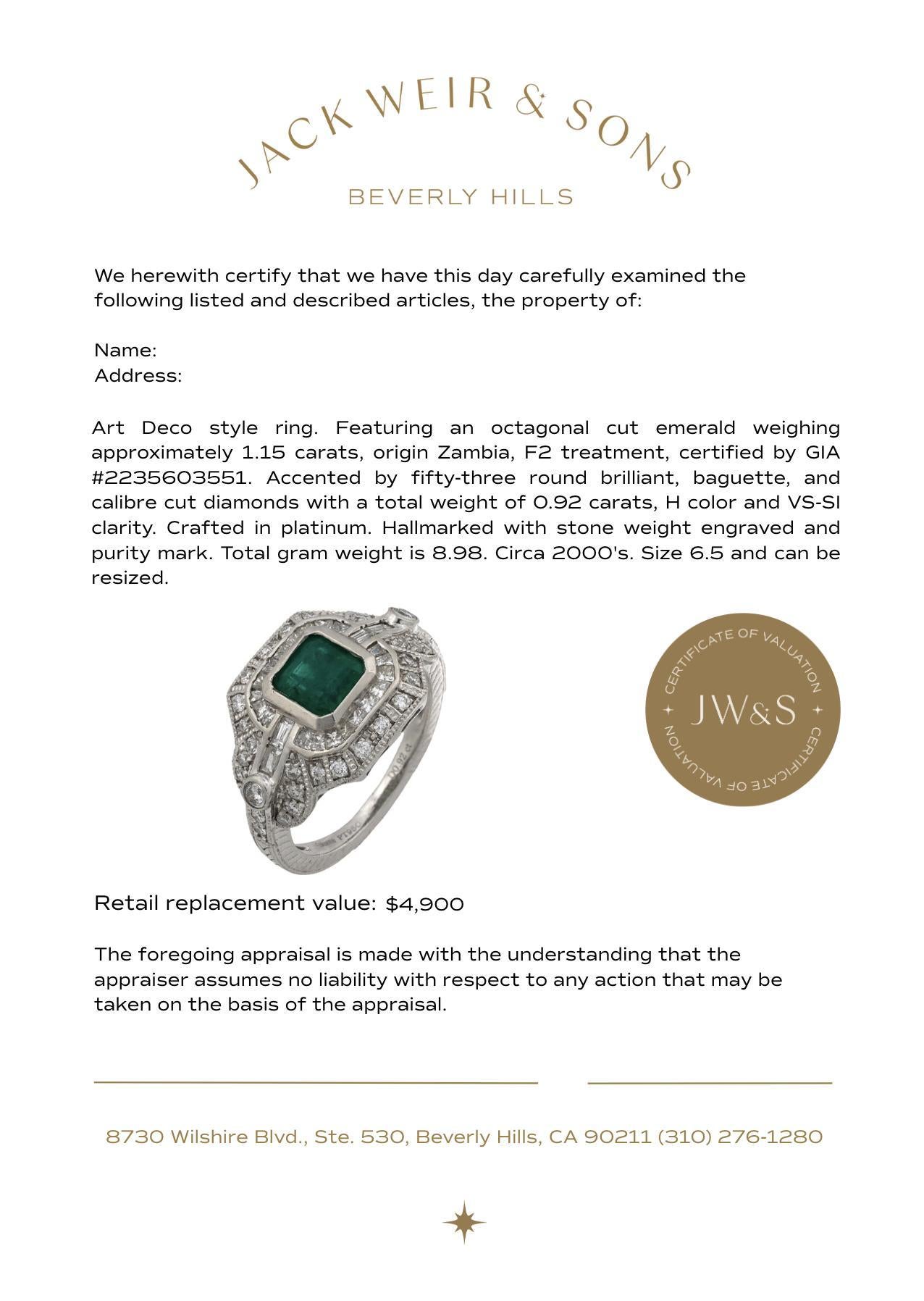 Art Deco Stil GIA 1,15 Karat Smaragd Diamant Platin Ring im Angebot 1