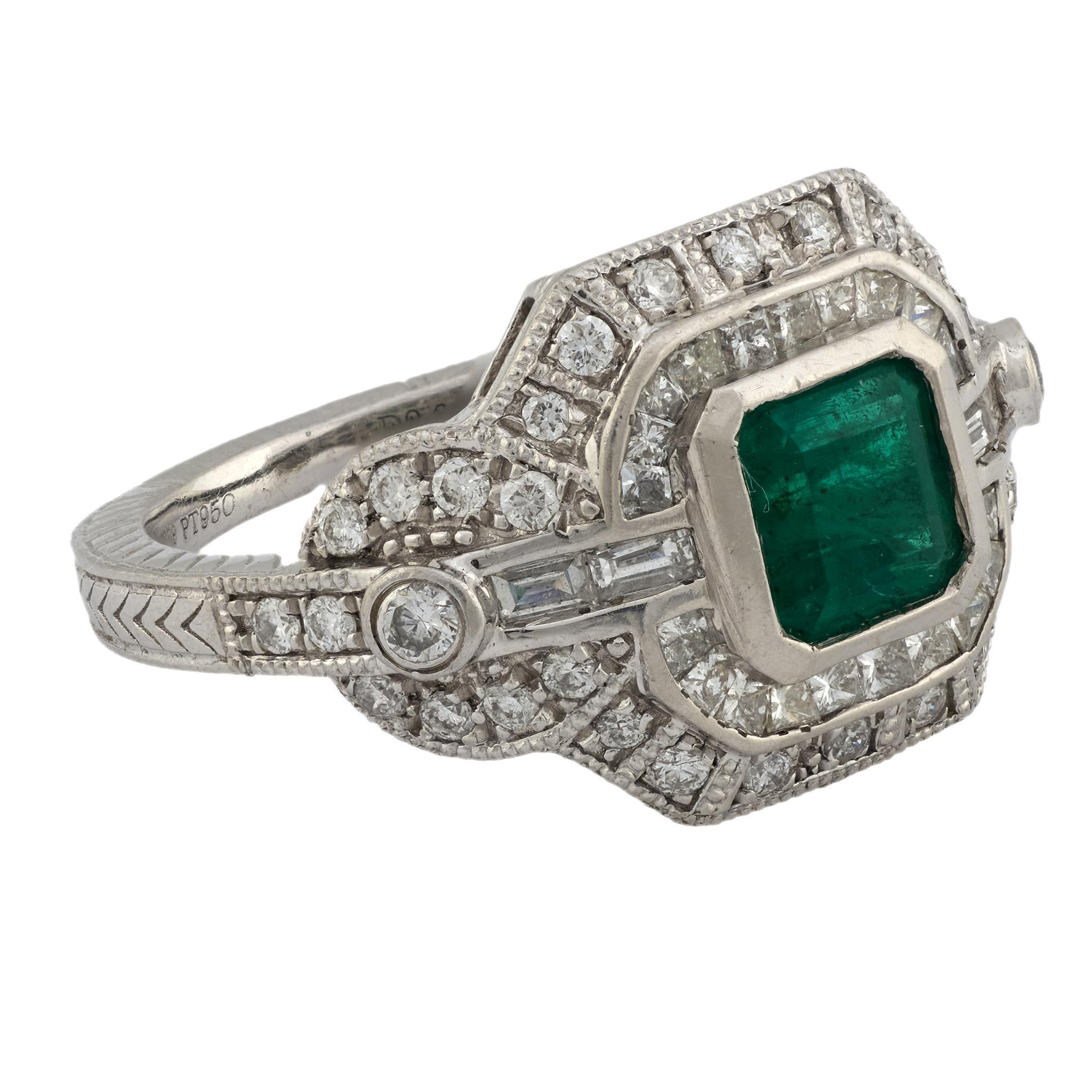 Art Deco Stil GIA 1,15 Karat Smaragd Diamant Platin Ring im Zustand „Gut“ im Angebot in Beverly Hills, CA