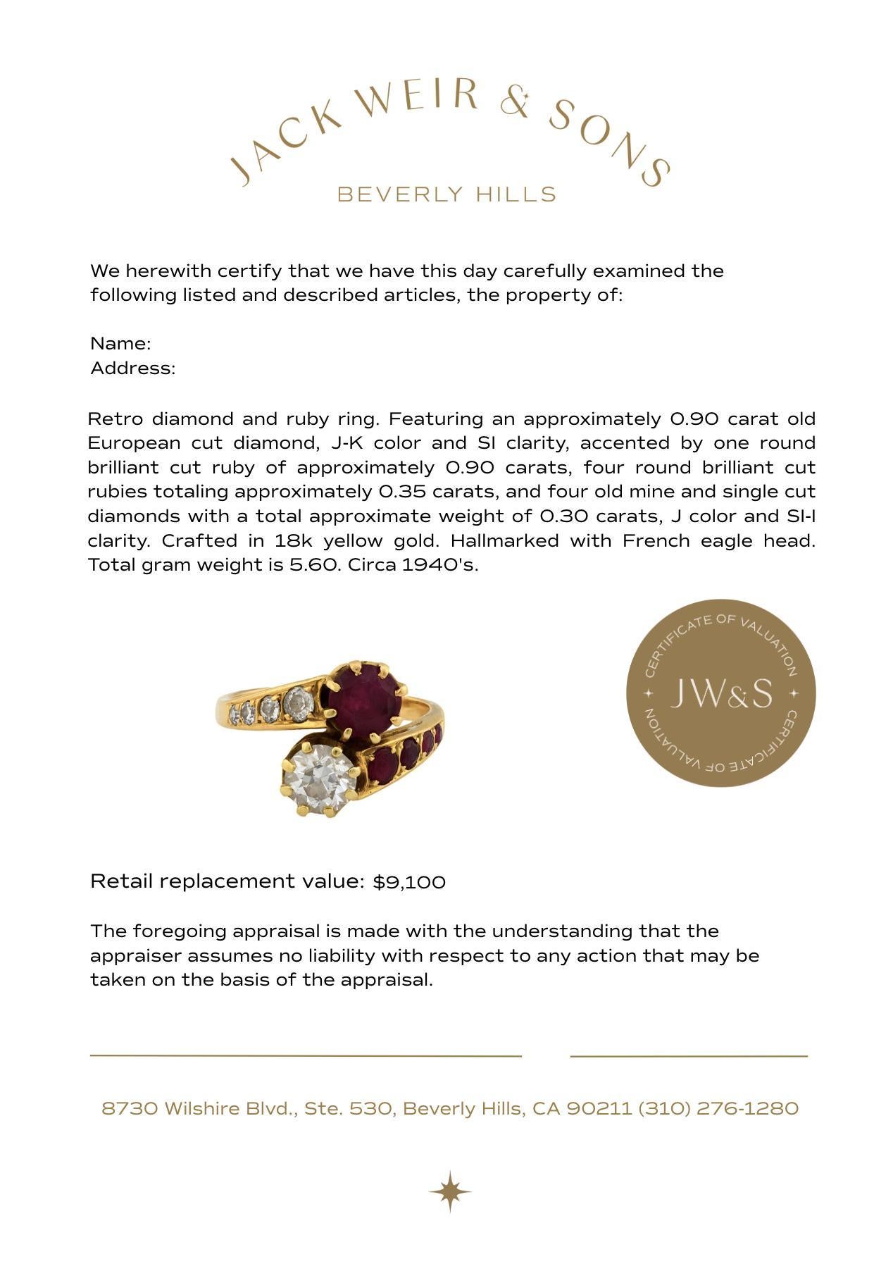 Bague rétro Toi Et Moi en or jaune 18 carats diamant rubis en vente 1