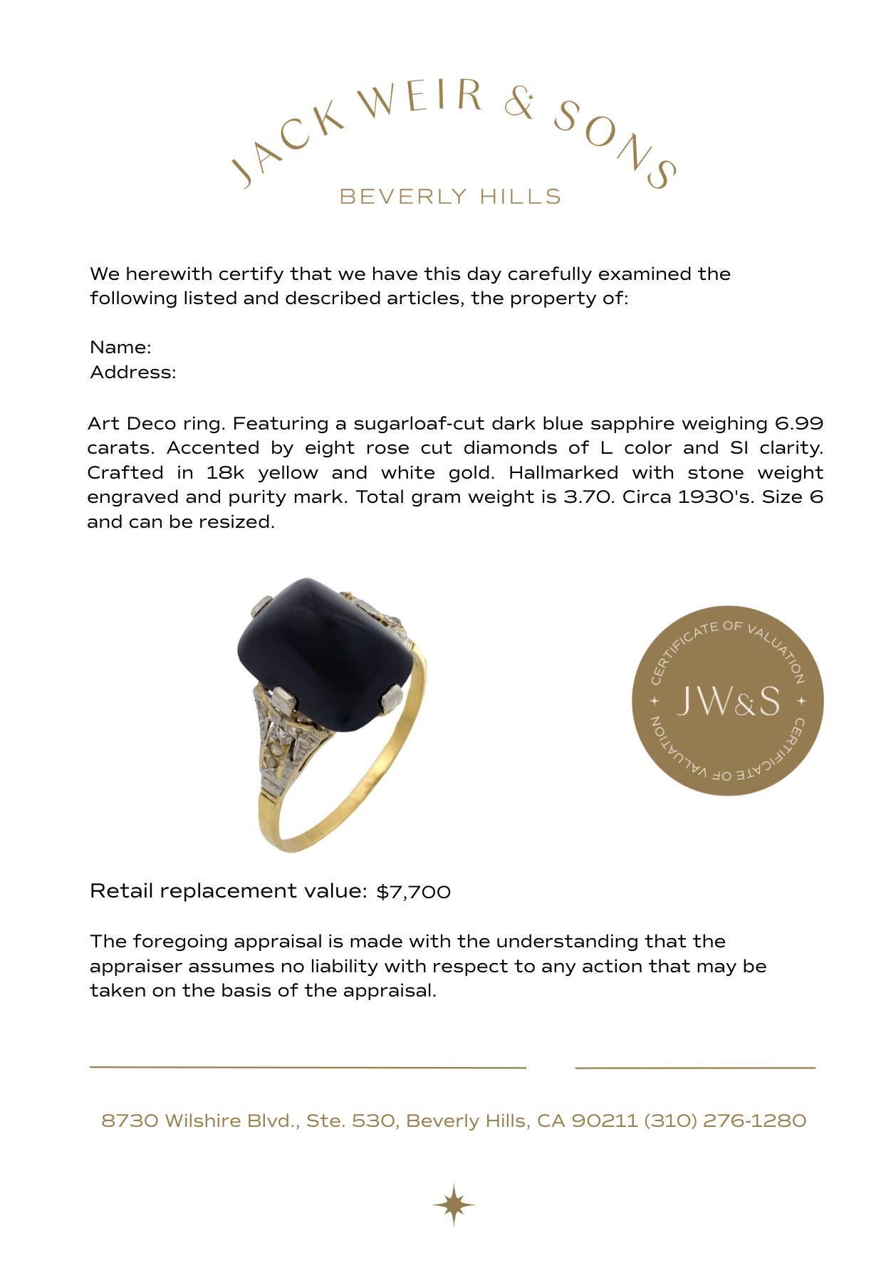 Bague Art déco 6,99 carats saphir diamant or jaune et blanc 18k en vente 1