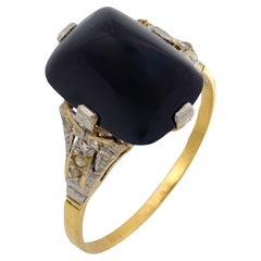 Bague Art déco 6,99 carats saphir diamant or jaune et blanc 18k