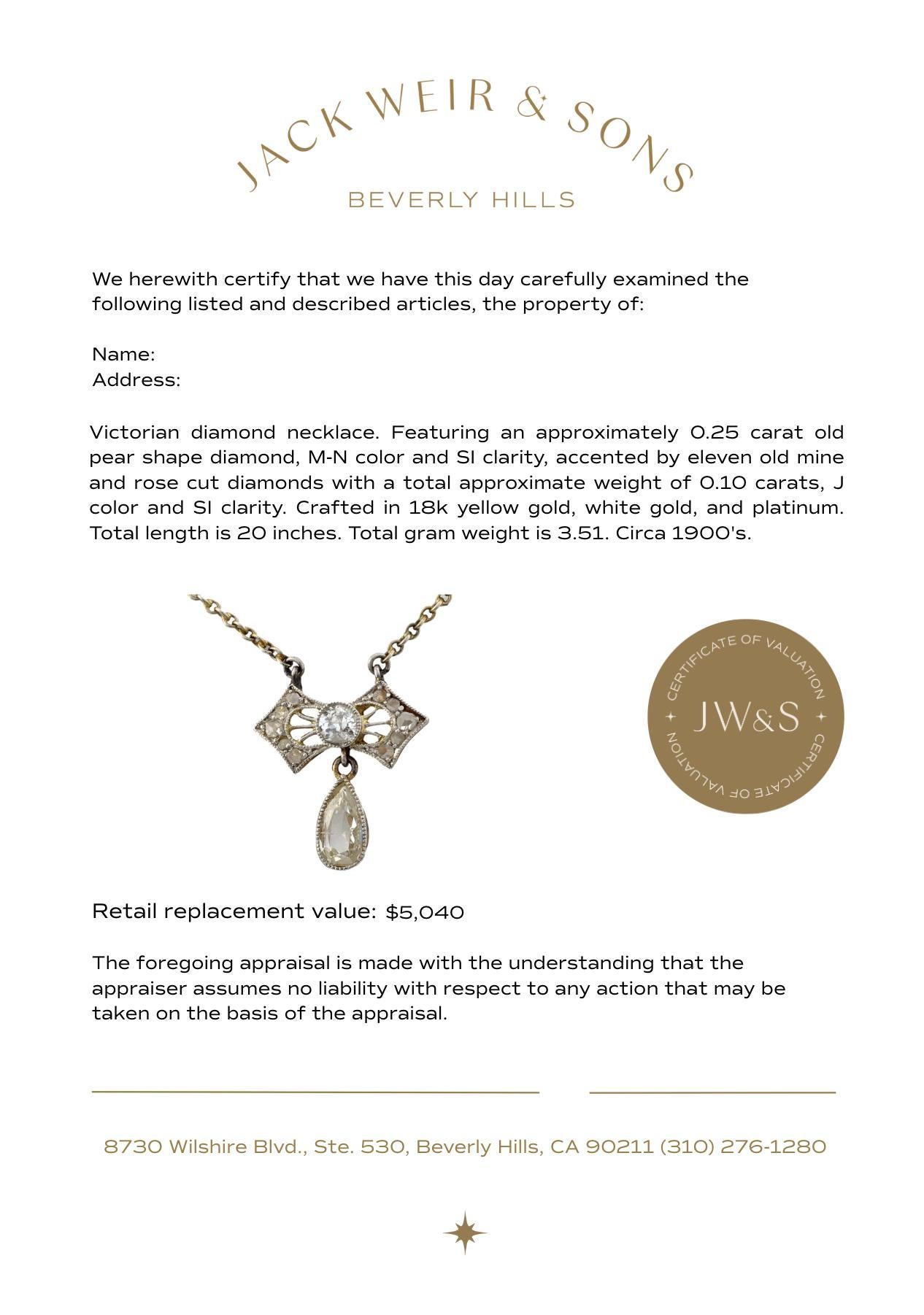 Collier victorien en or jaune et blanc 18k avec diamant taille poire ancien Bon état - En vente à Beverly Hills, CA