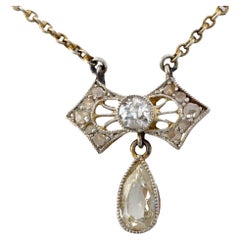Antique Victorian old pear cut diamond 18k yellow and white gold necklace