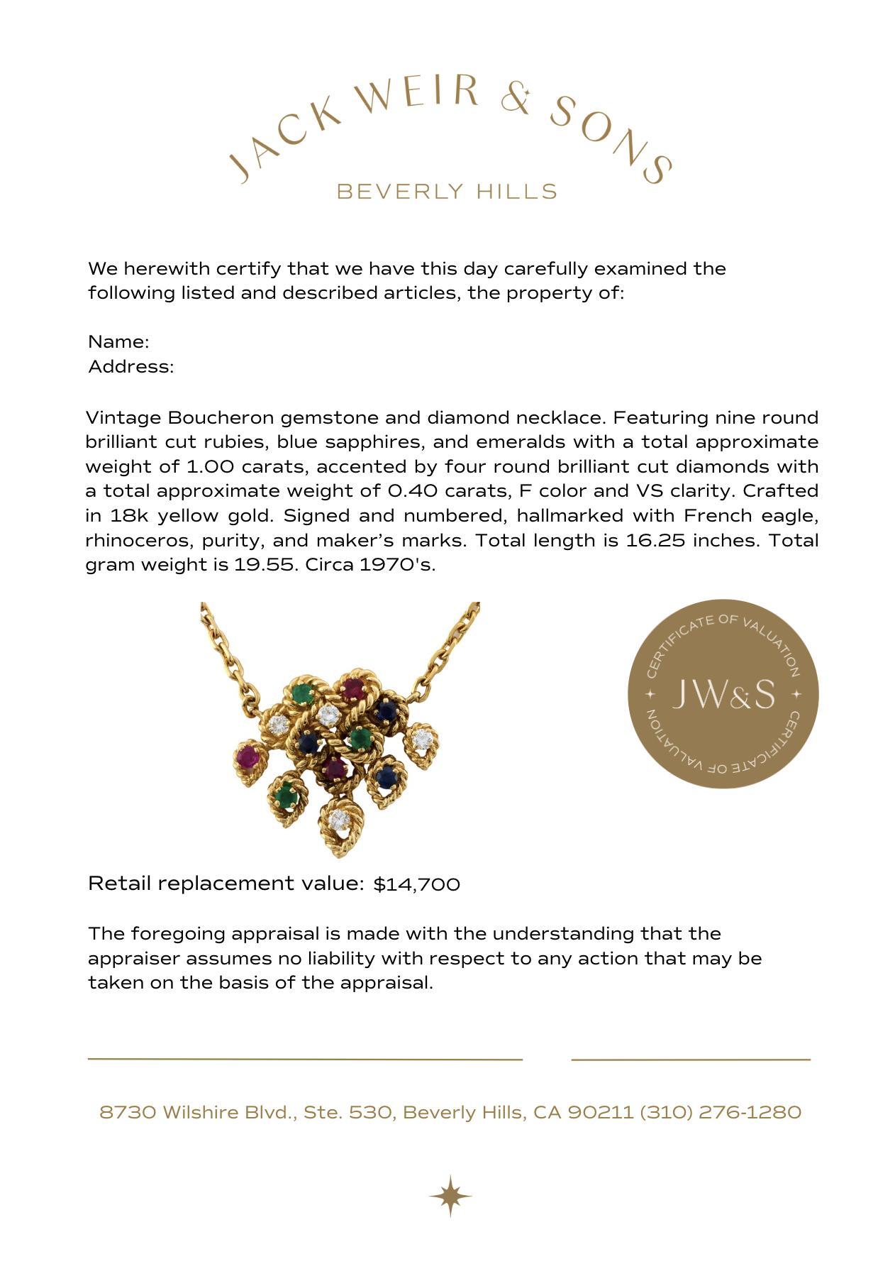 Collier Boucheron en or jaune 18k rubis émeraude saphir diamant Bon état - En vente à Beverly Hills, CA