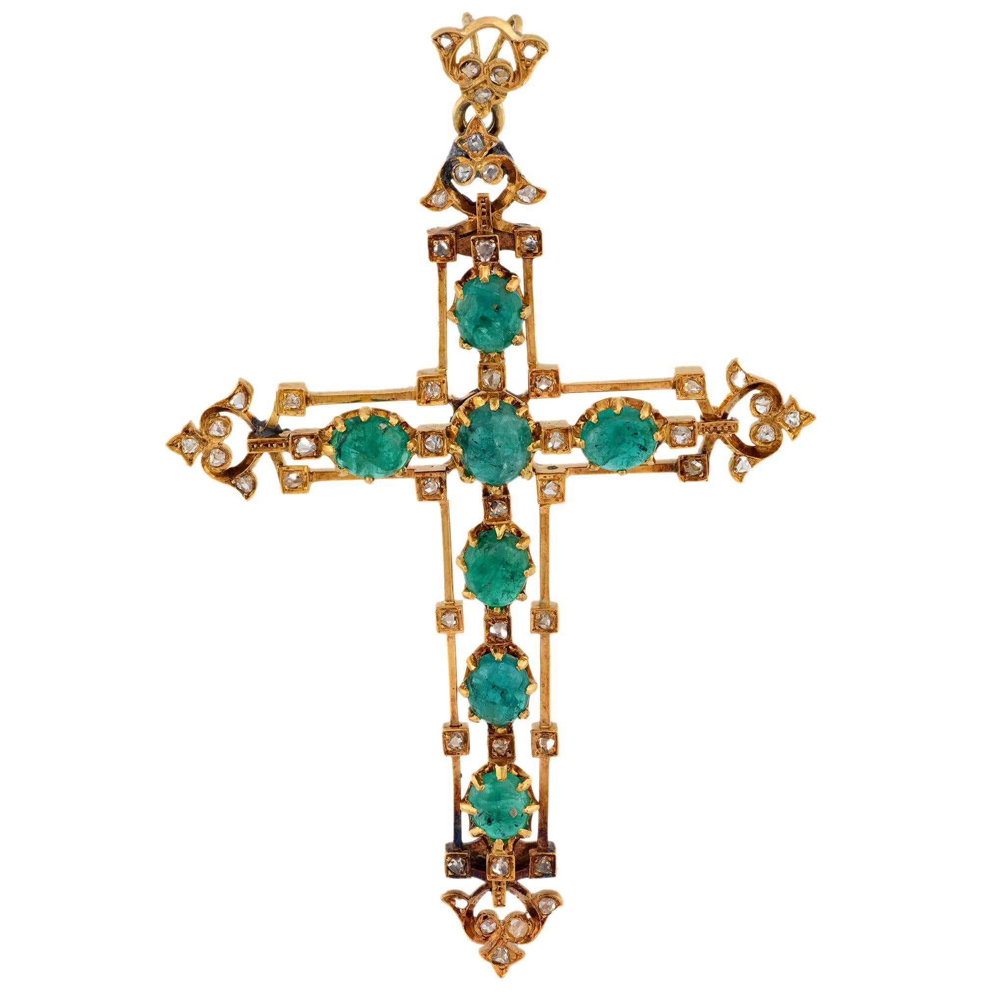 Victorian 6 carat emerald diamond 18k yellow gold cross pendant