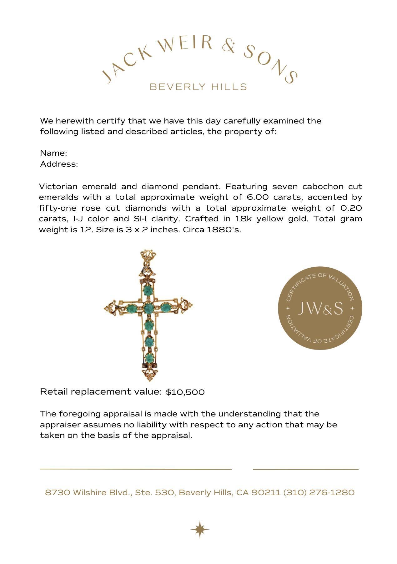 Pendentif croix victorienne en or jaune 18k avec émeraude et diamant de 6 carats Pour femmes en vente