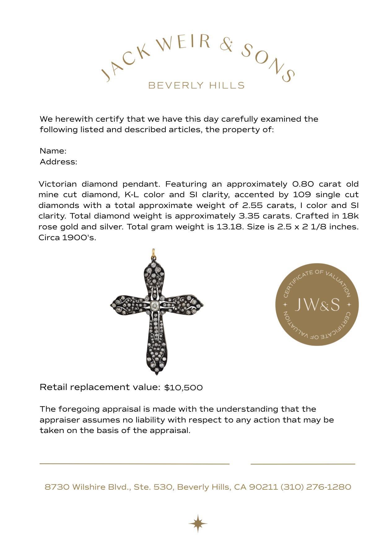 Pendentif croix victorienne en or rose 18k avec diamant de 3,35 carats Bon état - En vente à Beverly Hills, CA