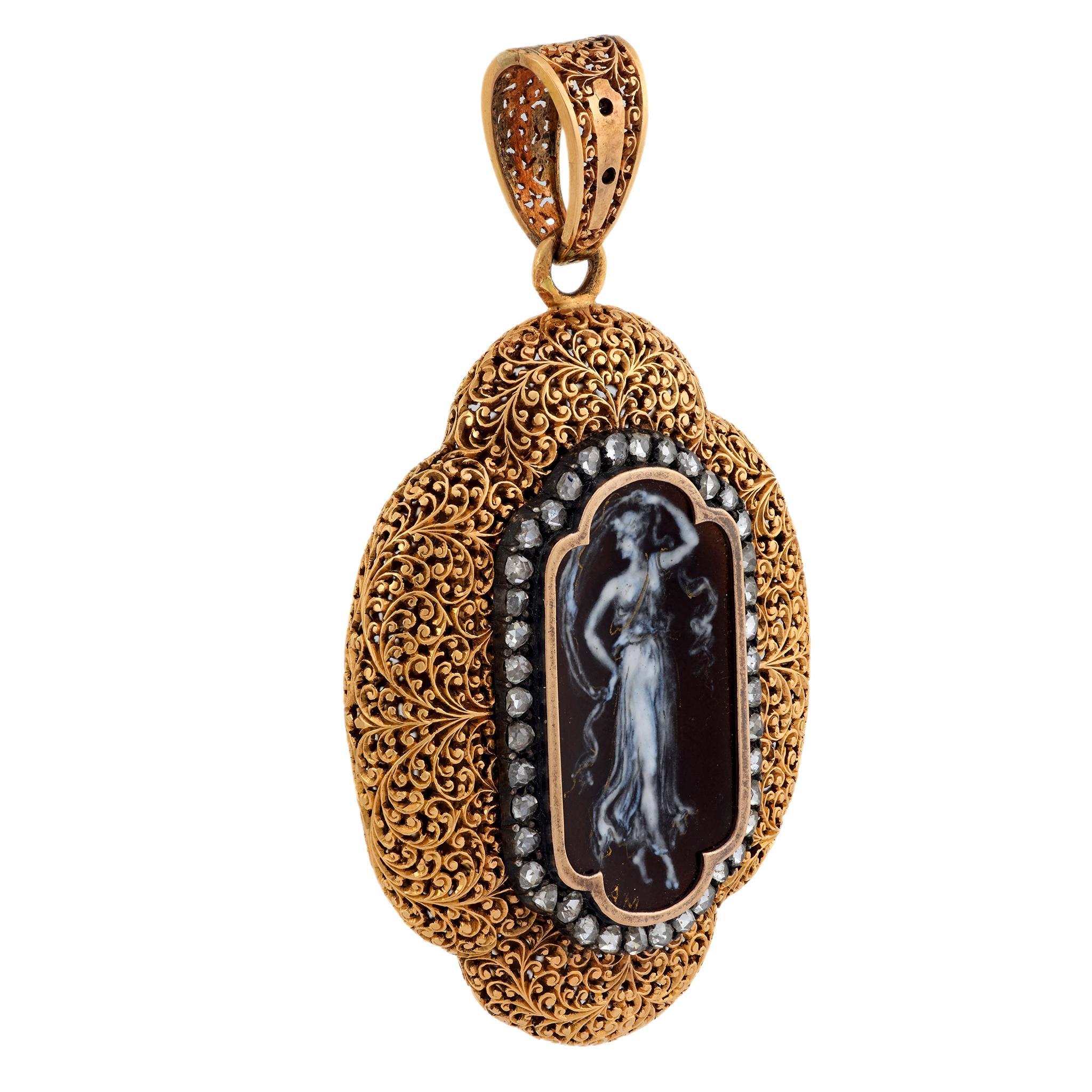 Victorien Pendentif victorien en or rose 18k, émaillé de diamants, représentant une femme en vente