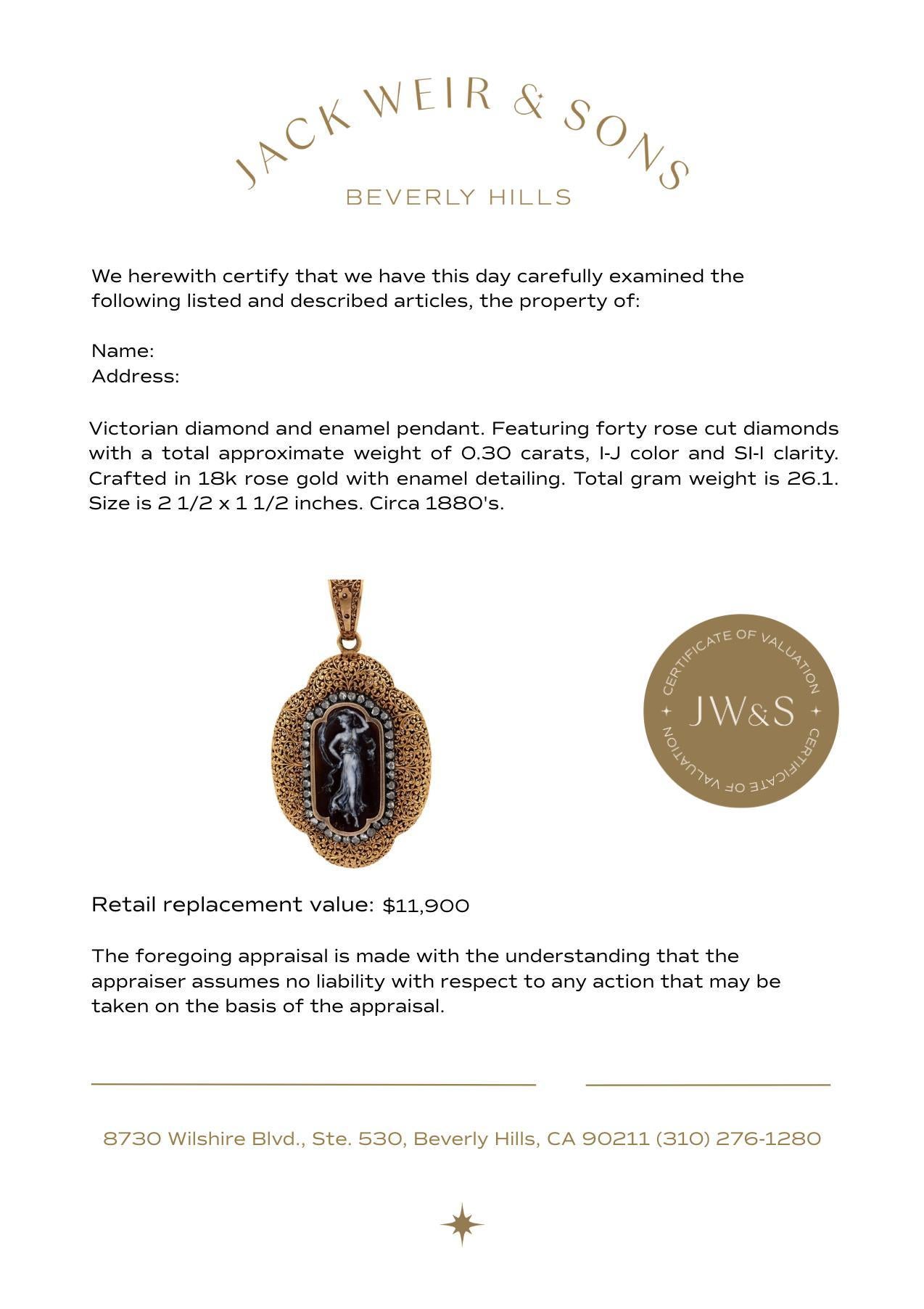 Pendentif victorien en or rose 18k, émaillé de diamants, représentant une femme Pour femmes en vente