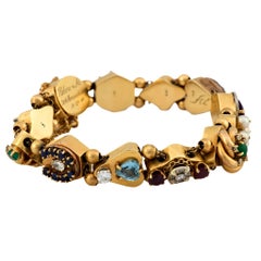 Pulsera gruesa de oro amarillo de 14k con diamantes y piedras preciosas de mediados de siglo