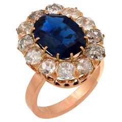 Anillo victoriano GIA de racimo de diamantes zafiro sin calor de 5,86 quilates y oro rosa de 18 quilates