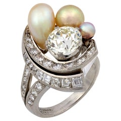 Anillo de cóctel de platino con diamante de 2,25 quilates y perla natural GIA de mediados de siglo