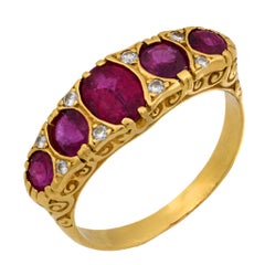 Anillo victoriano francés de 5 piedras de oro amarillo de 18 quilates y 2,20 quilates de rubí