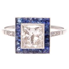 Princess Cut Diamond Sapphire Platinum Ring