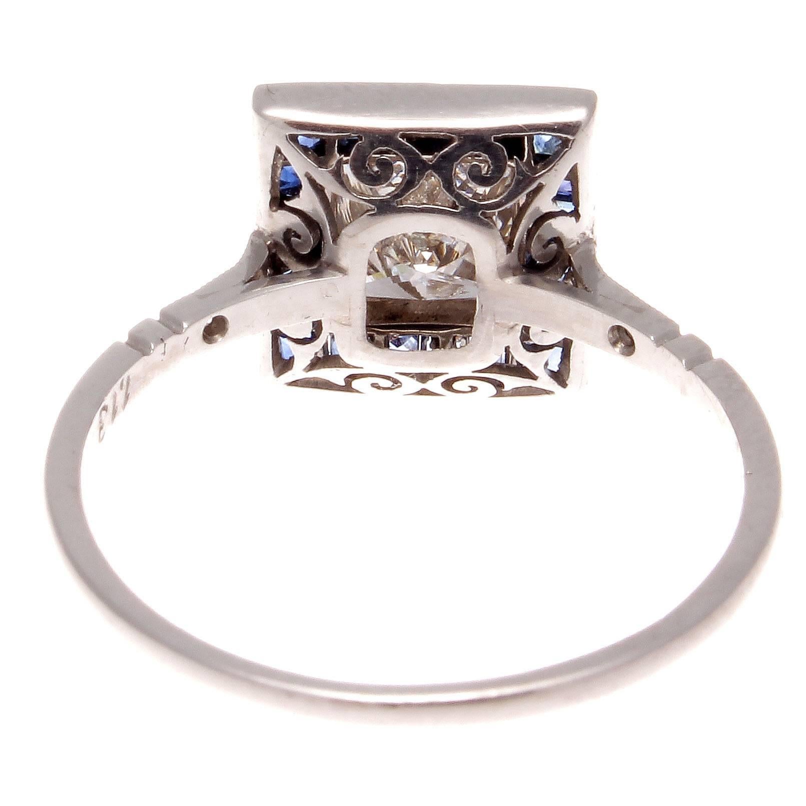 Princess Cut Diamond Sapphire Platinum Ring In Excellent Condition In Beverly Hills, CA