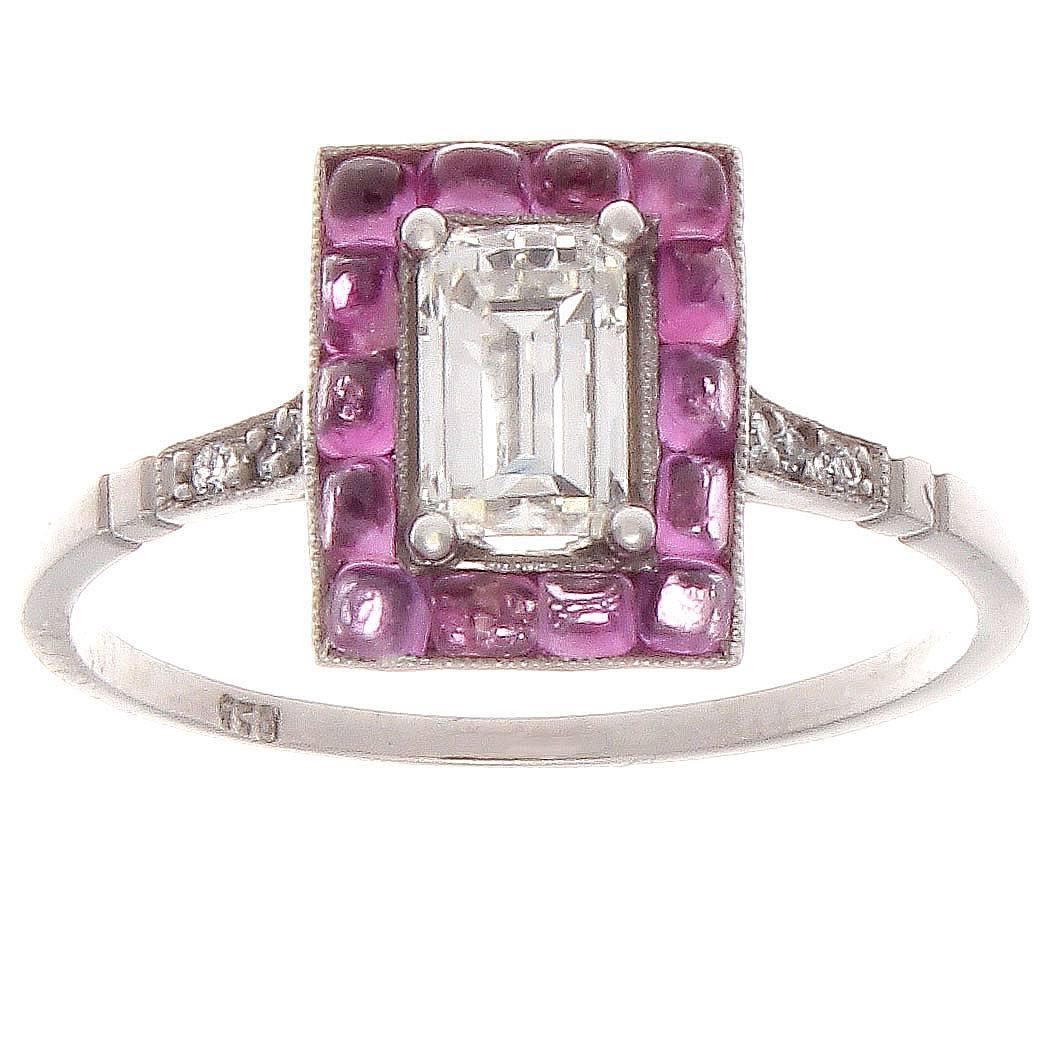 Emerald Cut Diamond Pink Sapphire Platinum Ring