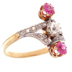 French Art Deco Ruby Diamond Gold Ring