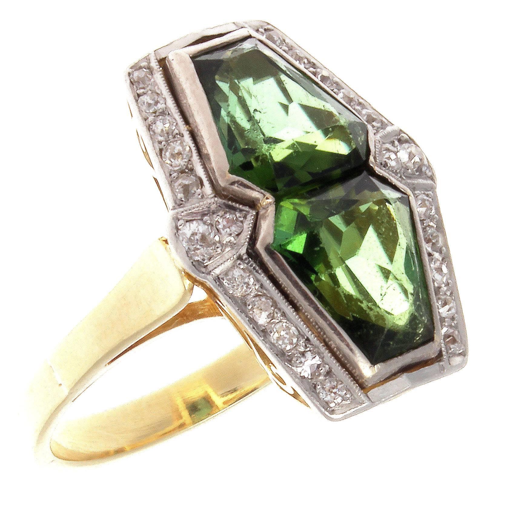 French Early Art Deco Tourmaline Diamond Gold Platinum Ring