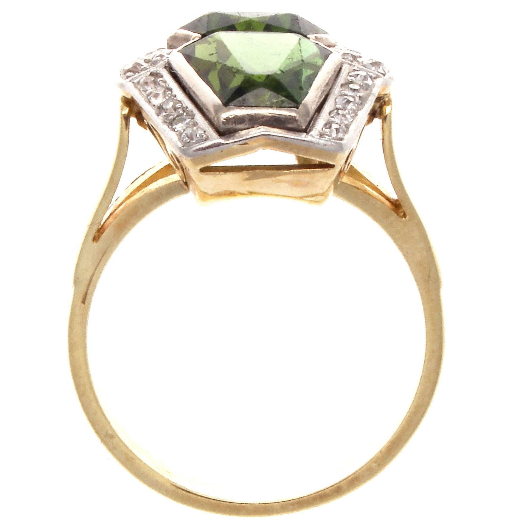 Women's French Early Art Deco Tourmaline Diamond Gold Platinum Ring