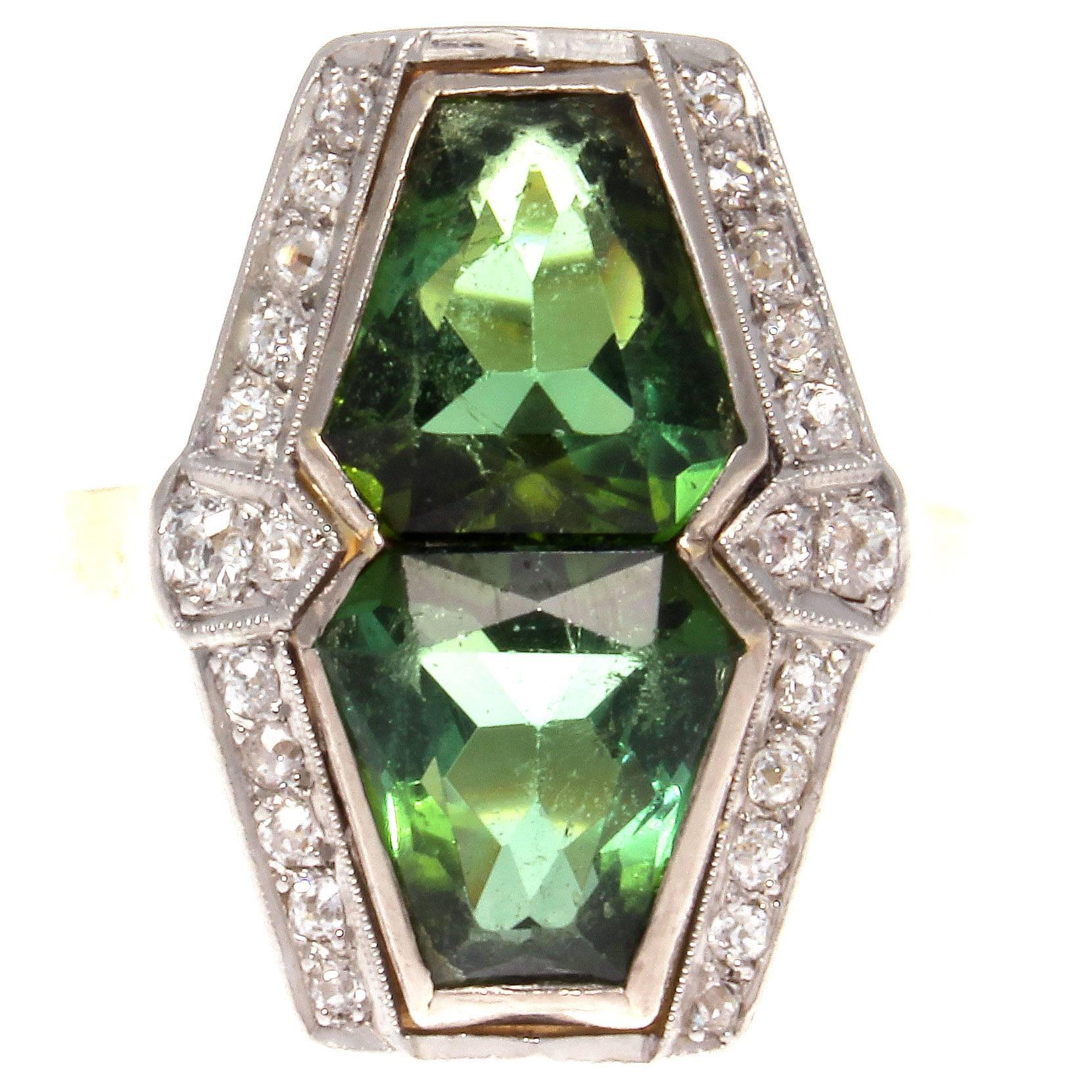 French Early Art Deco Tourmaline Diamond Gold Platinum Ring In Excellent Condition In Beverly Hills, CA
