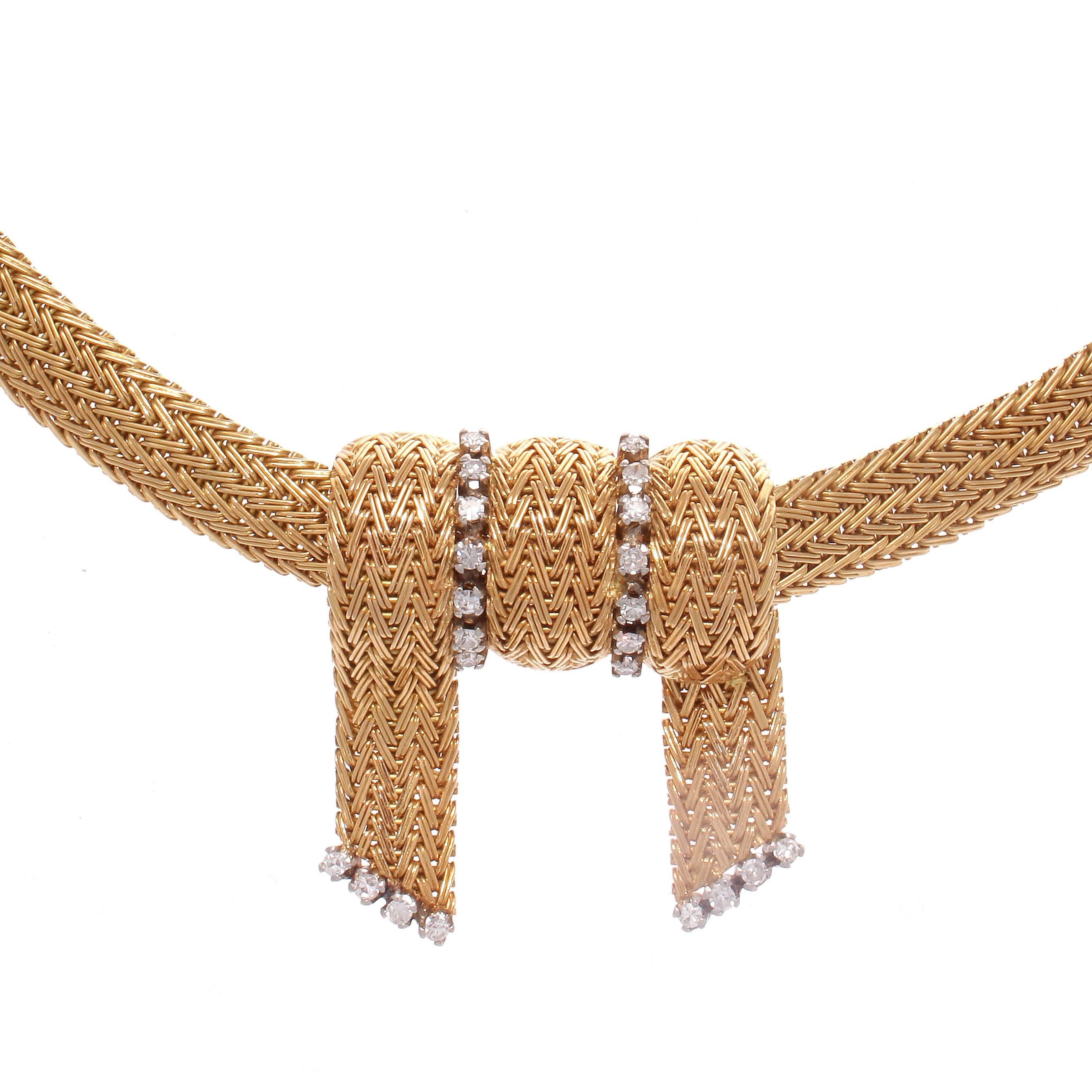 From South America where fine jewelry was manufactured in the 1950's and sought after by the lucky few who traveled there. This late retro necklace has intricately fashioned braided gold links  of glistening 18k yellow gold.  Featuring a freely