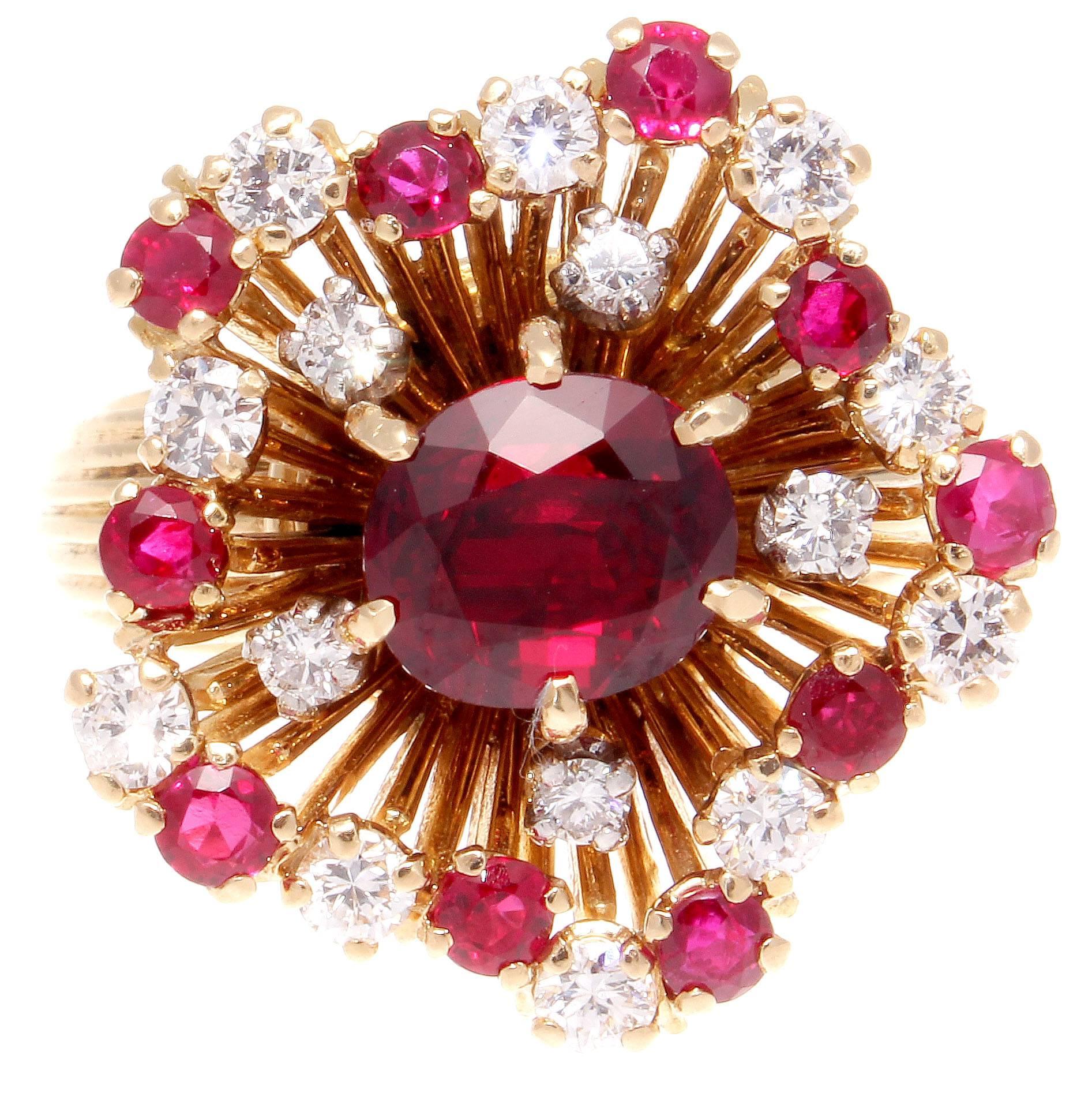 French Retro Ruby Diamond Gold Flower Ring