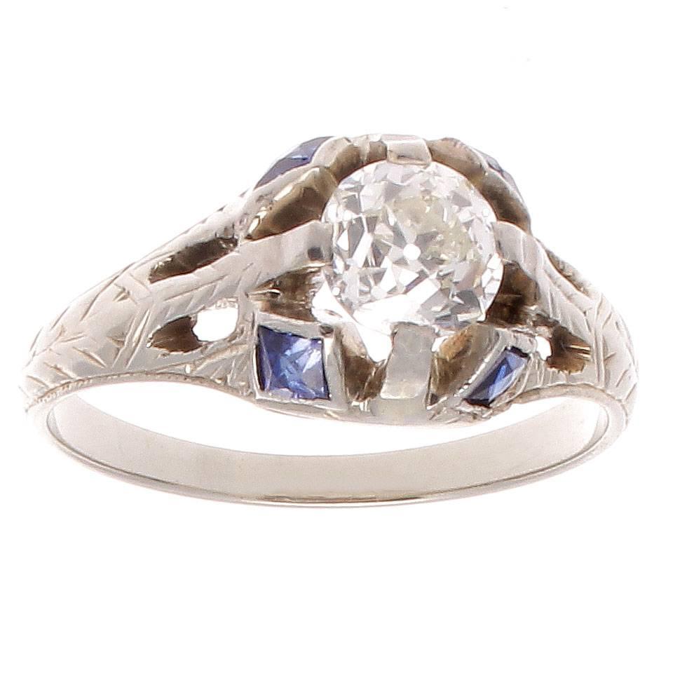 Art Deco Sapphire Diamond Platinum Gold Ring