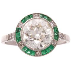 Old European Cut 1.98 Carat Diamond Emerald Platinum Engagement Ring