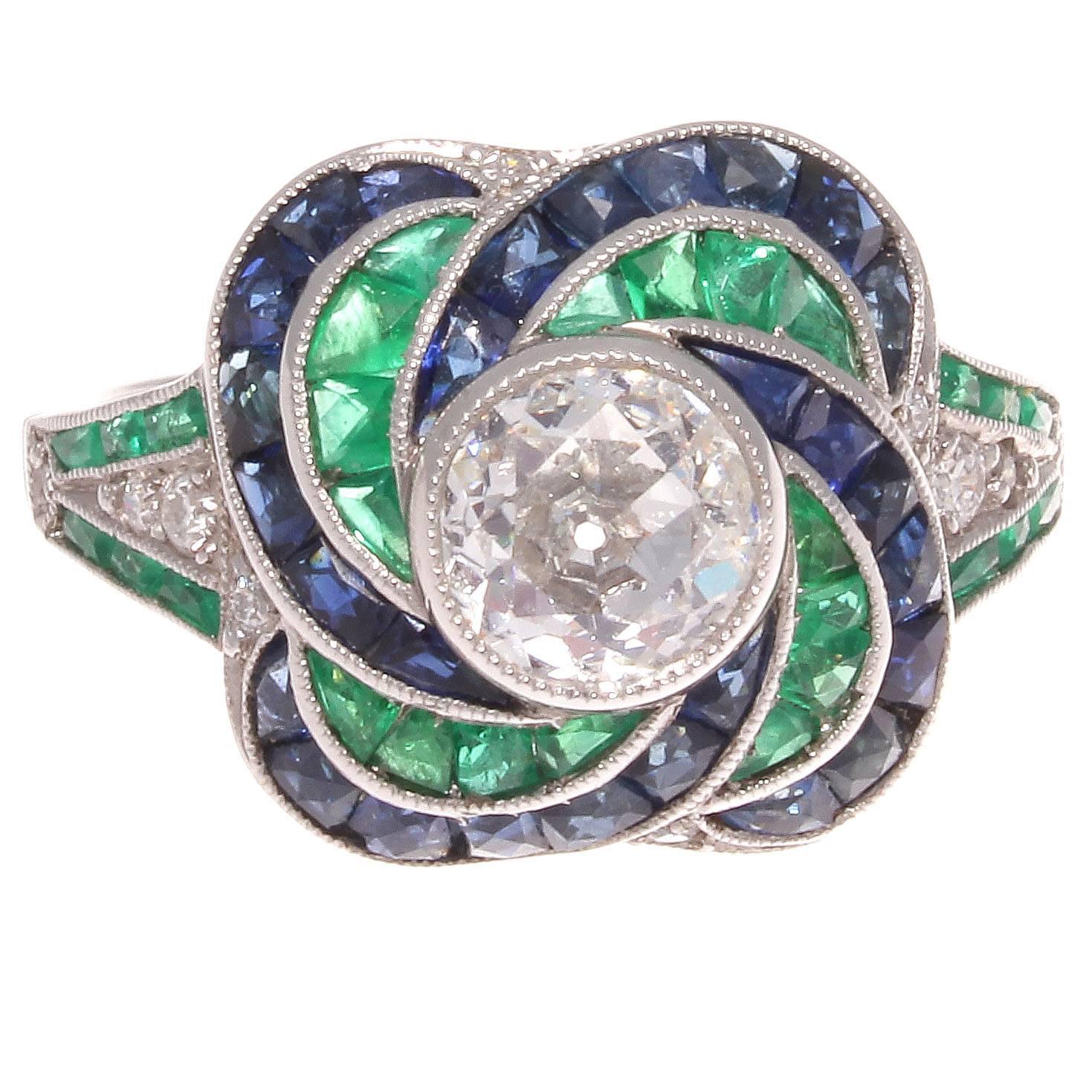 Modern Old European Cut Diamond Emerald Sapphire Platinum Engagement Ring