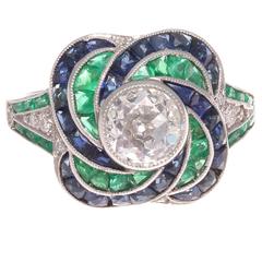 Modern Old European Cut Diamond Emerald Sapphire Platinum Engagement Ring 5