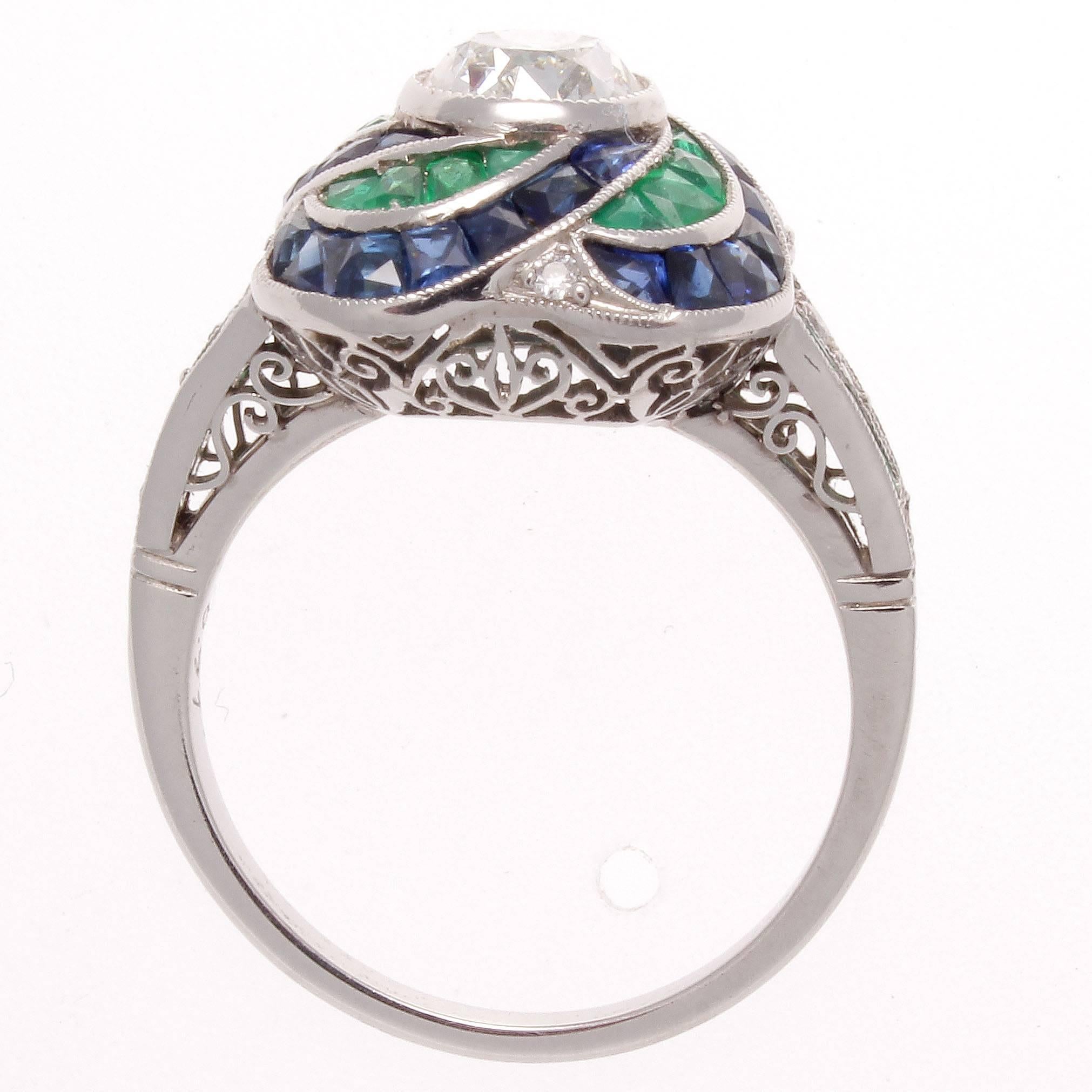 Art Deco Modern Old European Cut Diamond Emerald Sapphire Platinum Engagement Ring