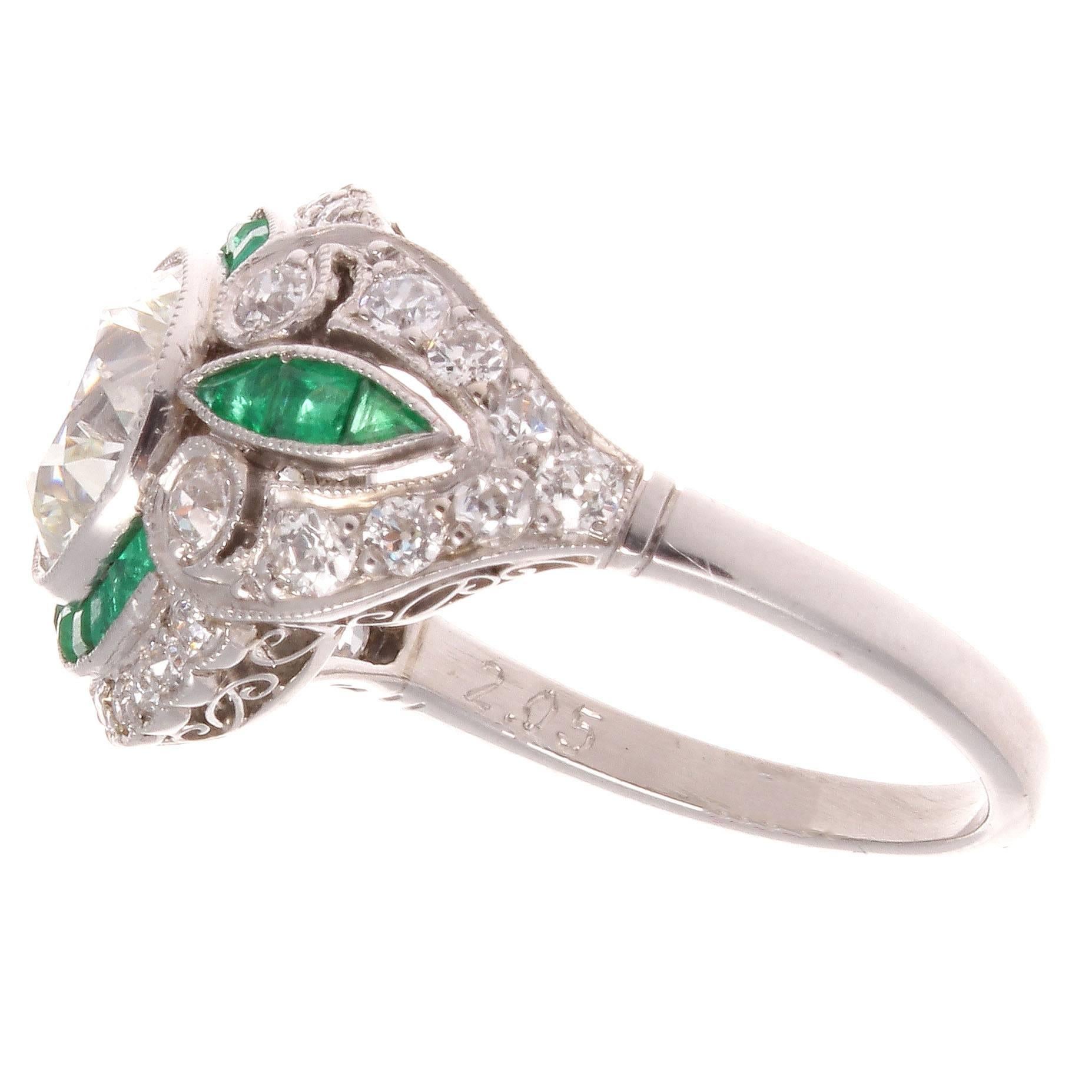 Art Deco Old European Cut 2.05 Carat Diamond Emerald Platinum Engagement Ring