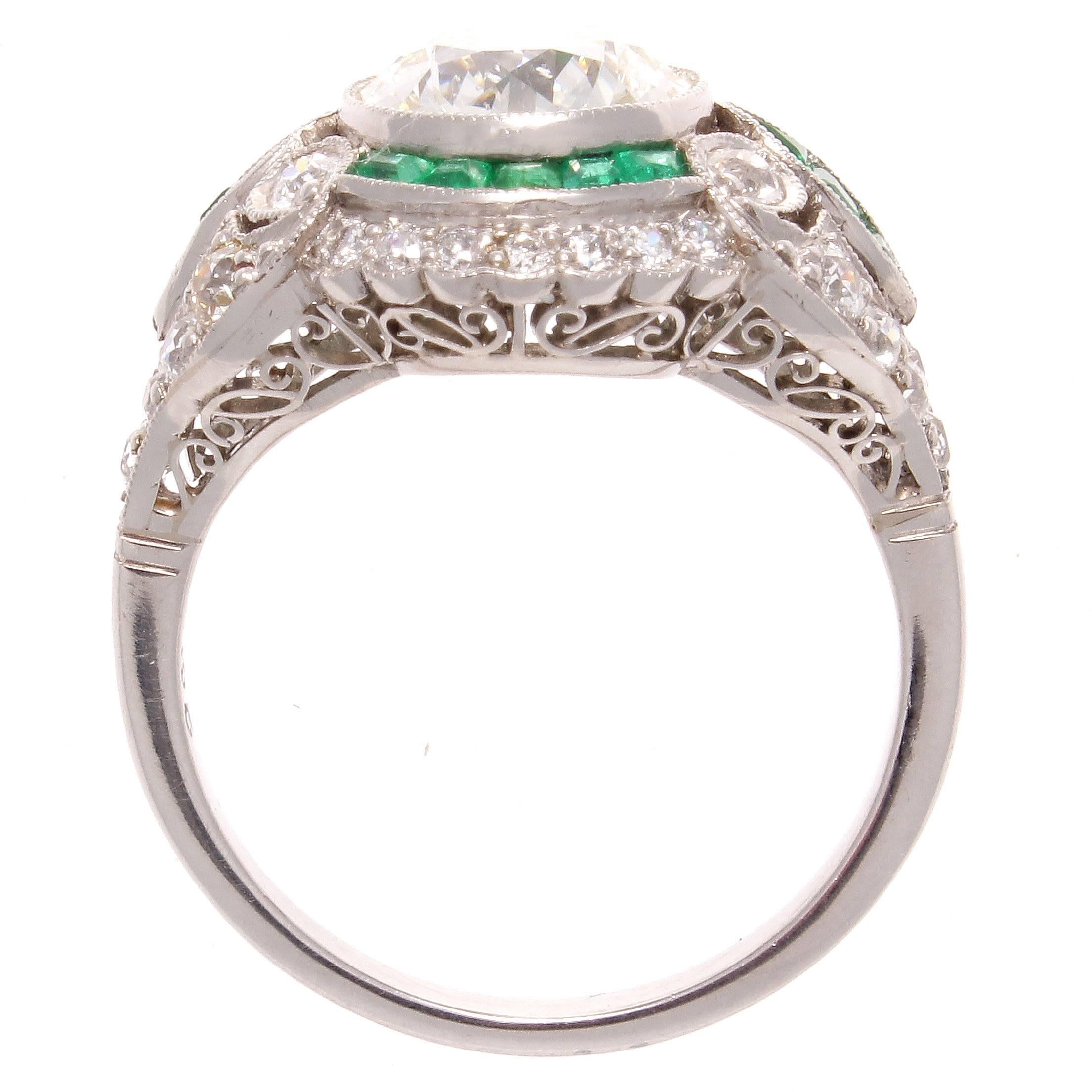 Old European Cut 2.05 Carat Diamond Emerald Platinum Engagement Ring In New Condition In Beverly Hills, CA